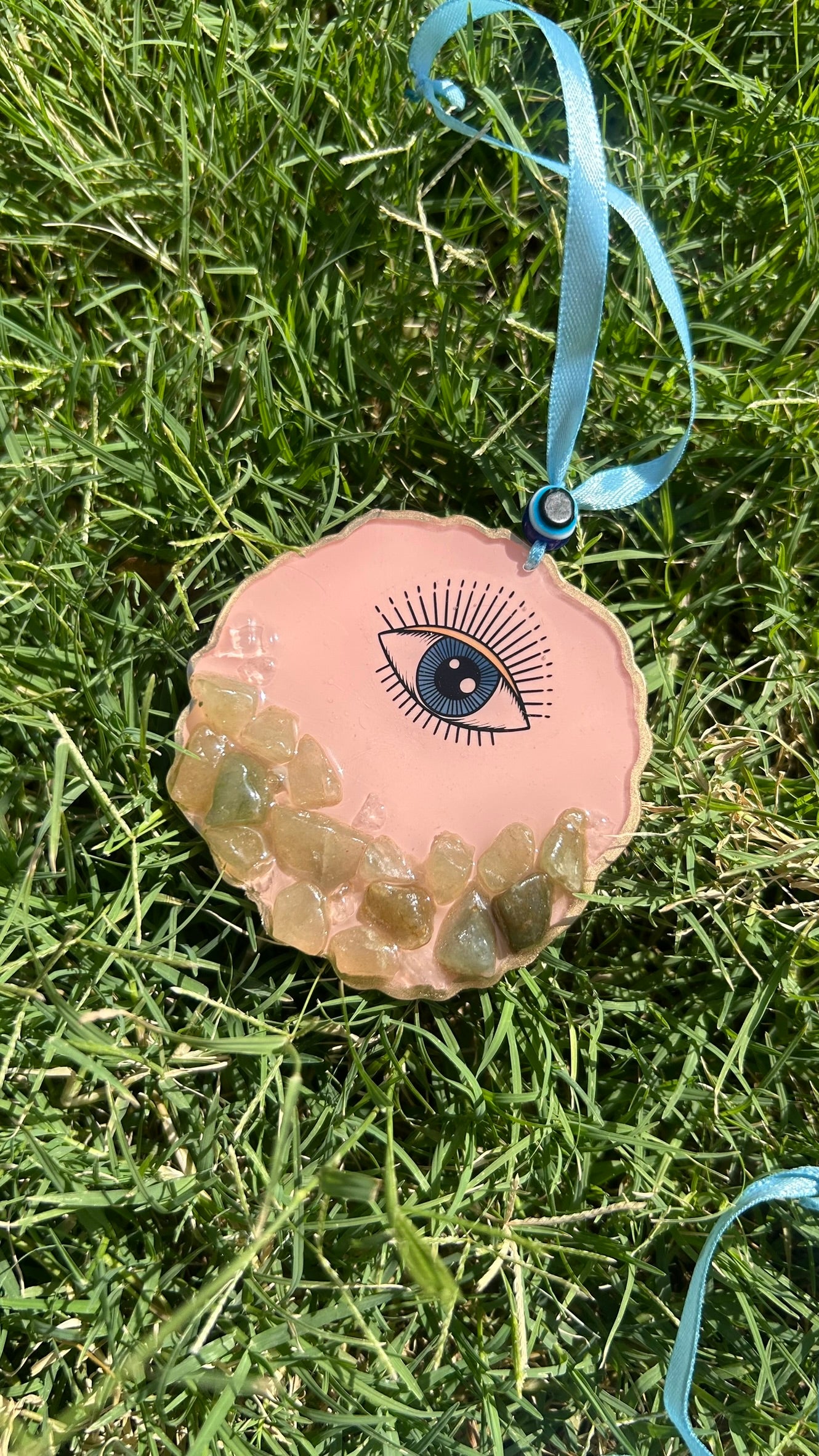 BloomDrop Car Hanging - Evil Eye | Peach Pink |Green Crystal
