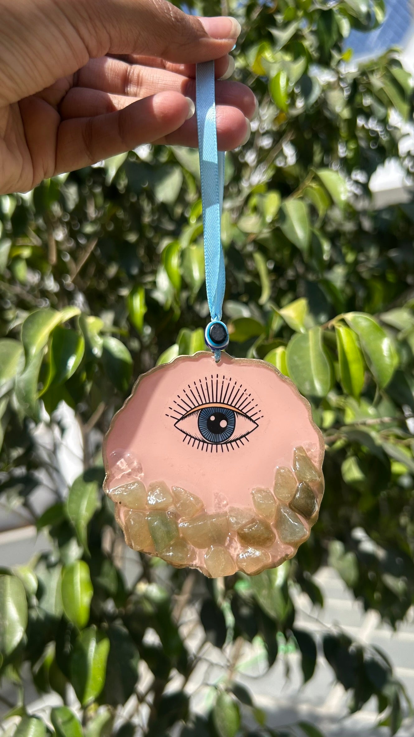 BloomDrop Car Hanging - Evil Eye | Peach Pink |Green Crystal
