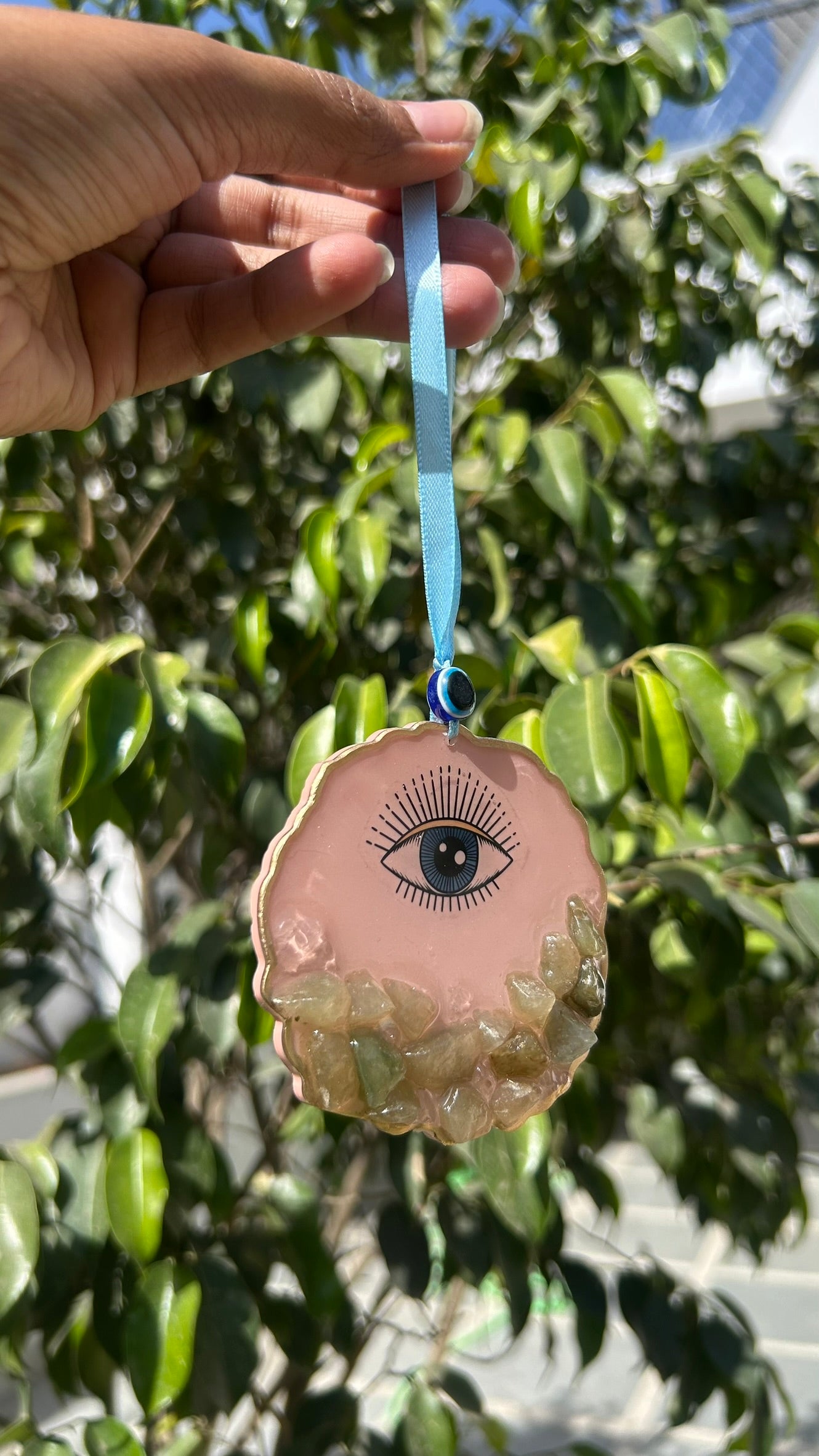 BloomDrop Car Hanging - Evil Eye | Peach Pink |Green Crystal