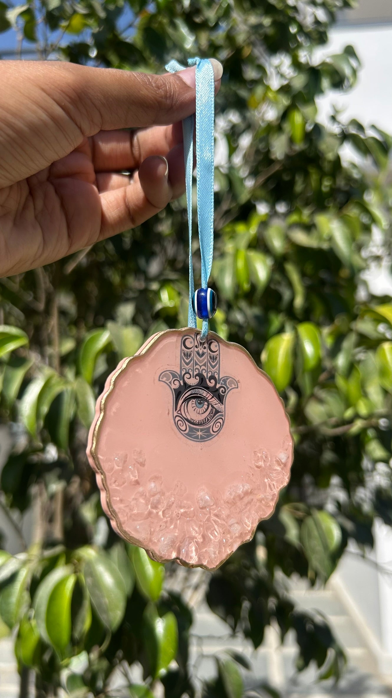 BloomDrop Car Hanging - Evil Eye | Peach Pink | White Crystal