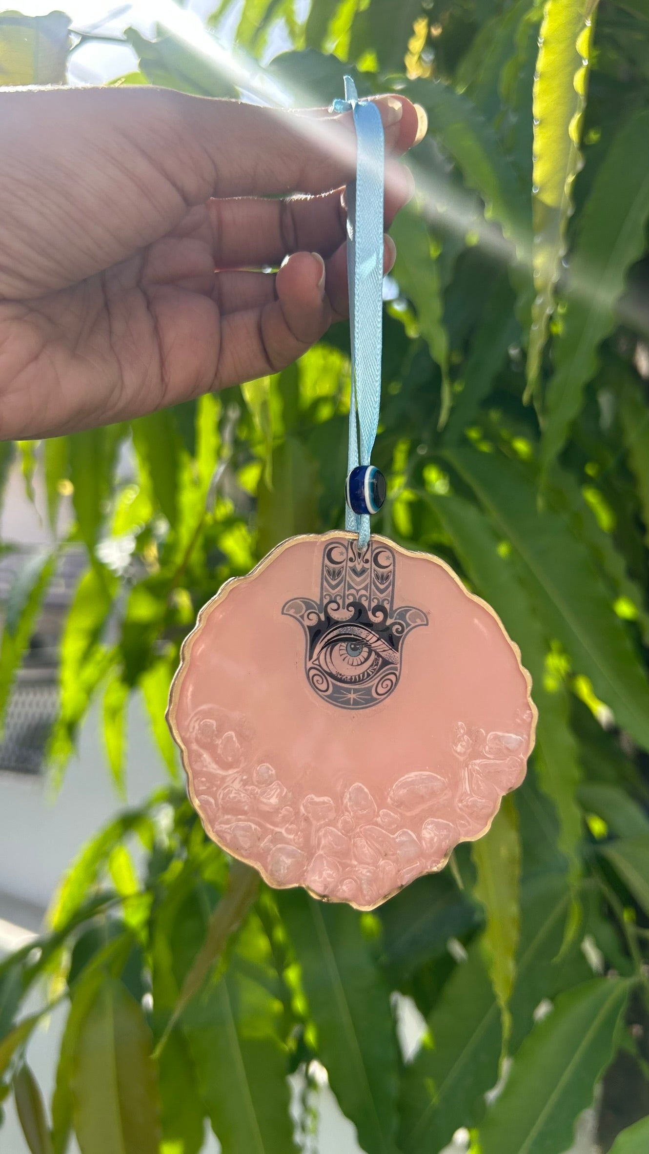 BloomDrop Car Hanging - Evil Eye | Peach Pink | White Crystal