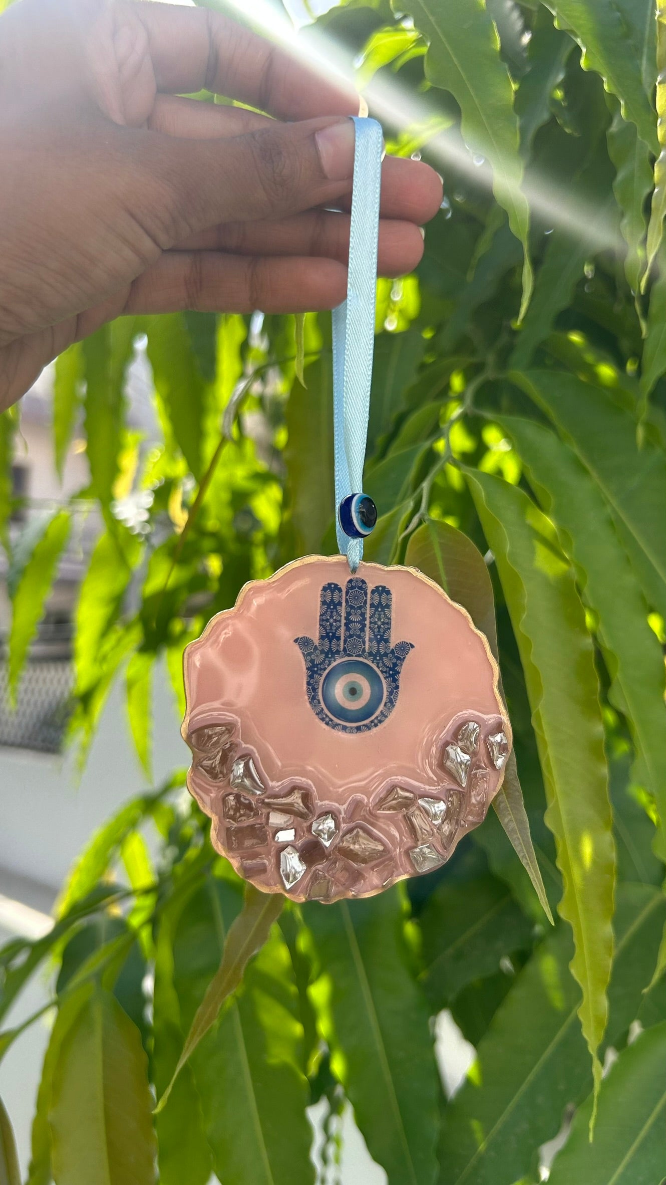 BloomDrop Car Hanging - Evil Eye | Peach Pink | Black Crystal