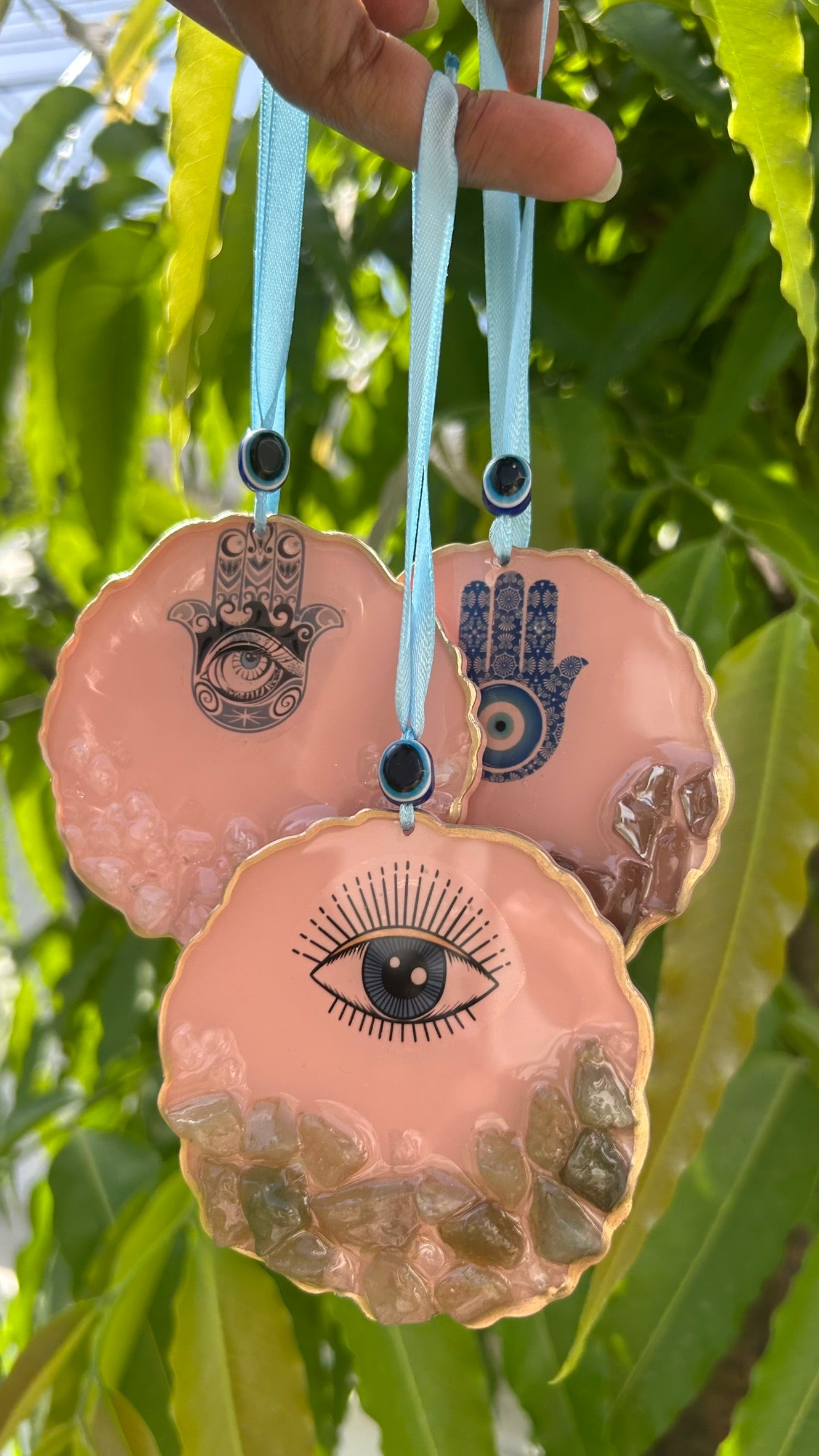 BloomDrop Car Hanging - Evil Eye | Peach Pink |Green Crystal