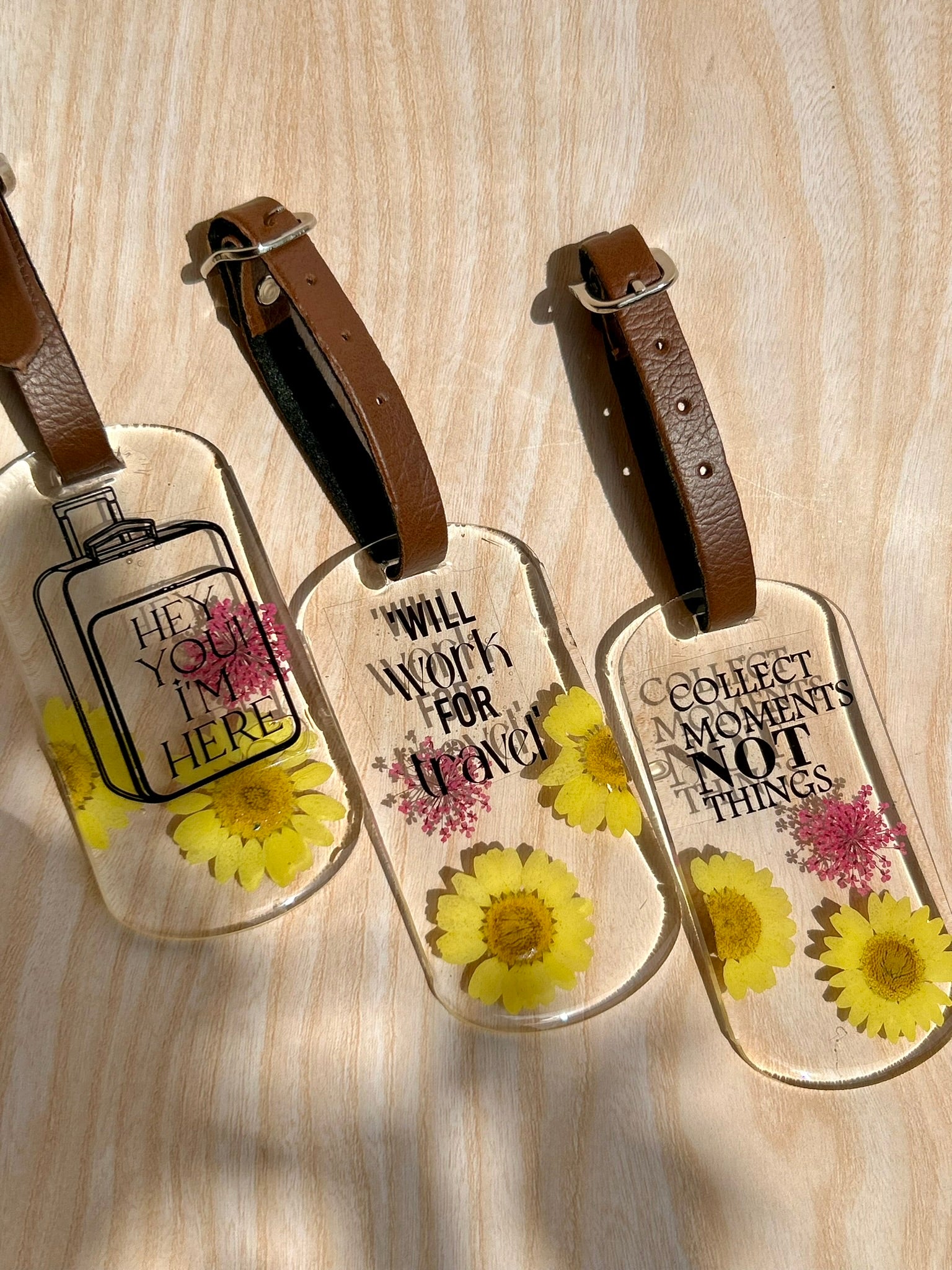 Flora Faraway Resin Luggage Tags - "Hey You I am here" | Yellow Flowers