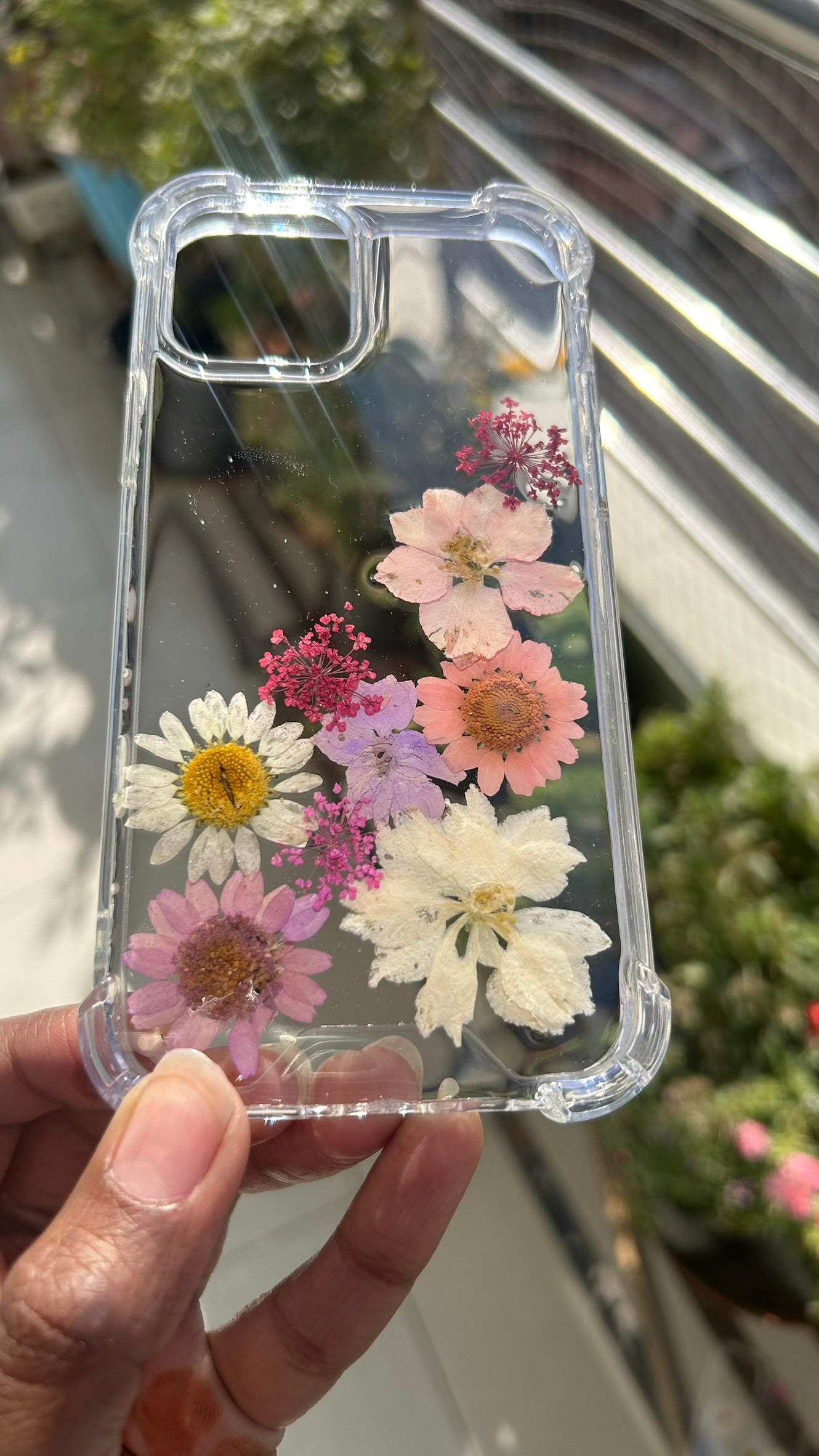 Pressed Flower Phone Case | Pink Daisies & White Wildflowers with Golden Ferns in Resin | Right Bloom | Case 4