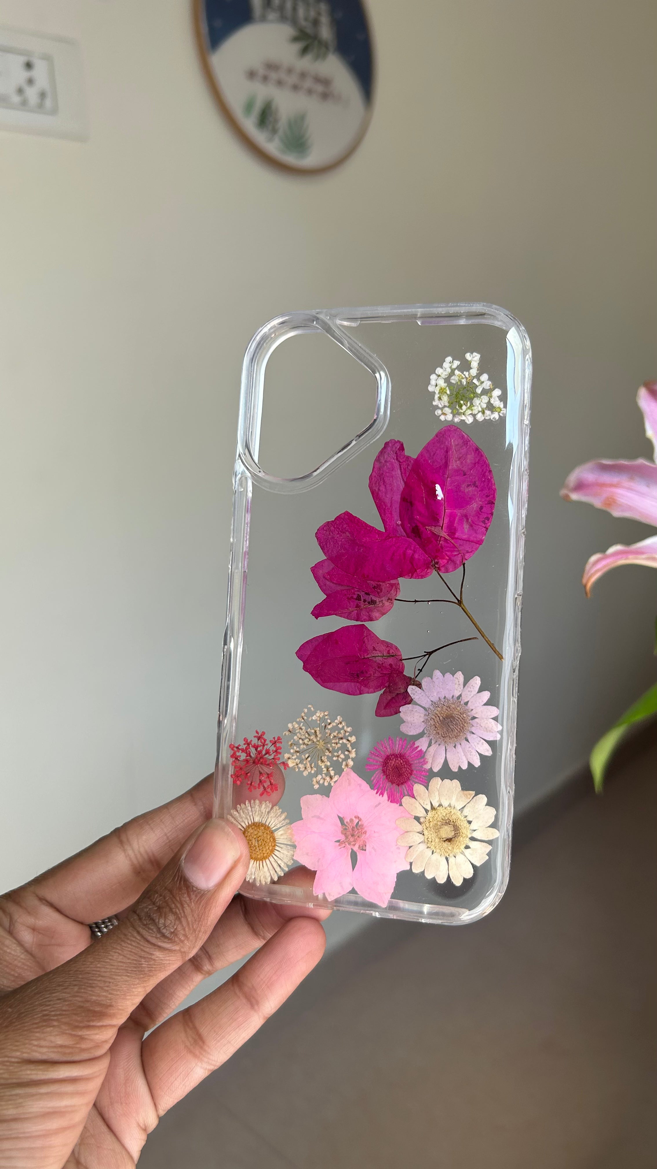 Pressed Flower Phone Case | Magenta Bougainvillea, Pink & White Daisies with Baby's Breath in Resin | Right Bloom | Case 16