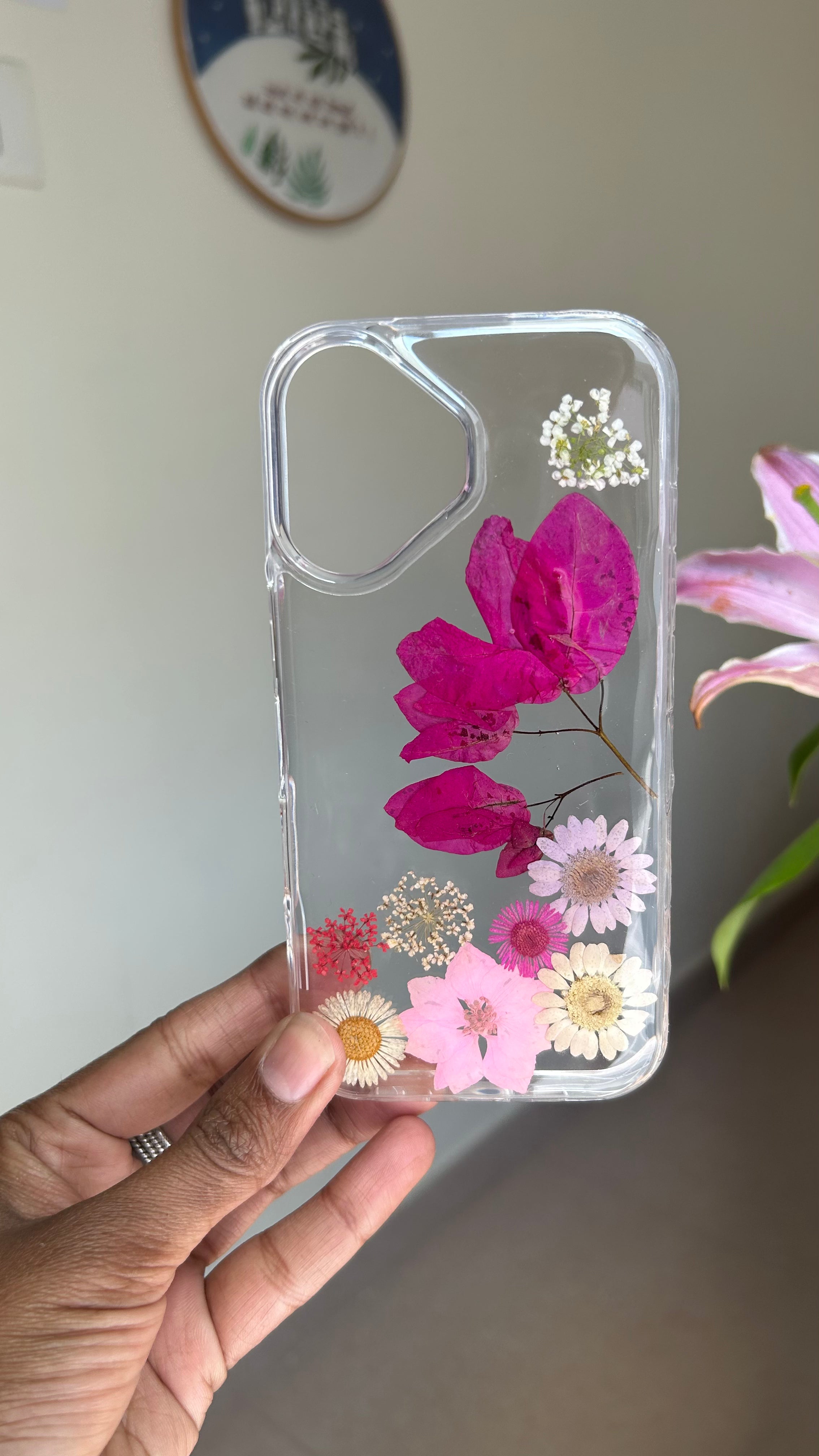 Pressed Flower Phone Case | Magenta Bougainvillea, Pink & White Daisies with Baby's Breath in Resin | Right Bloom | Case 16