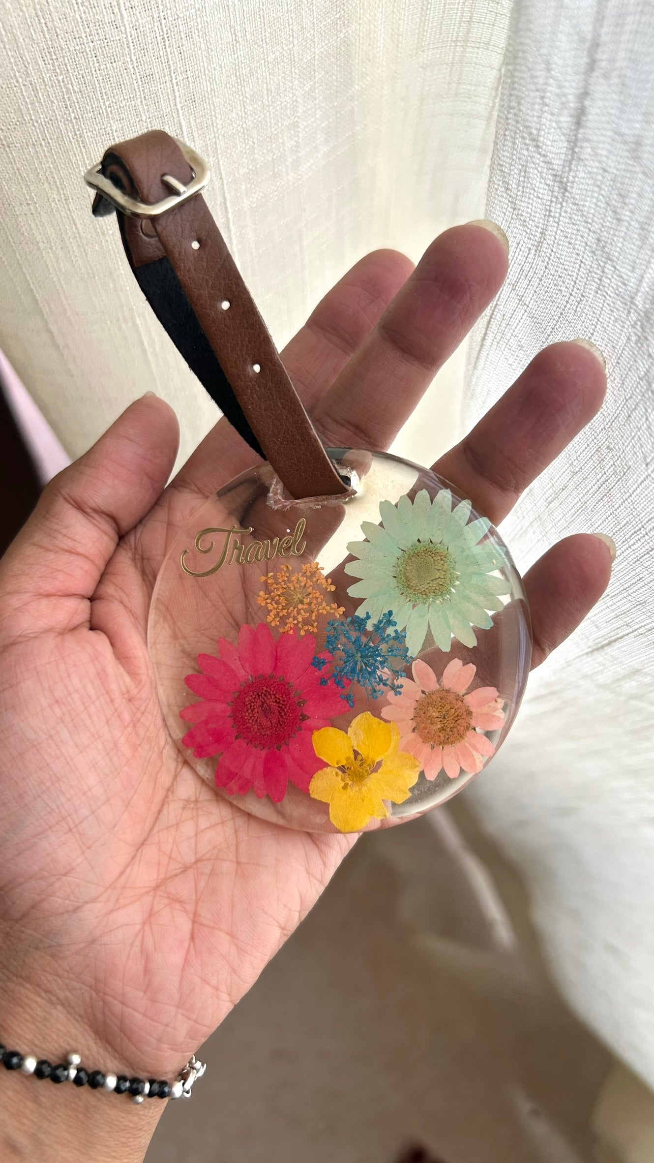 Flora Faraway Resin Luggage Tags - "Travel" | Yellow & Red Flower | Round