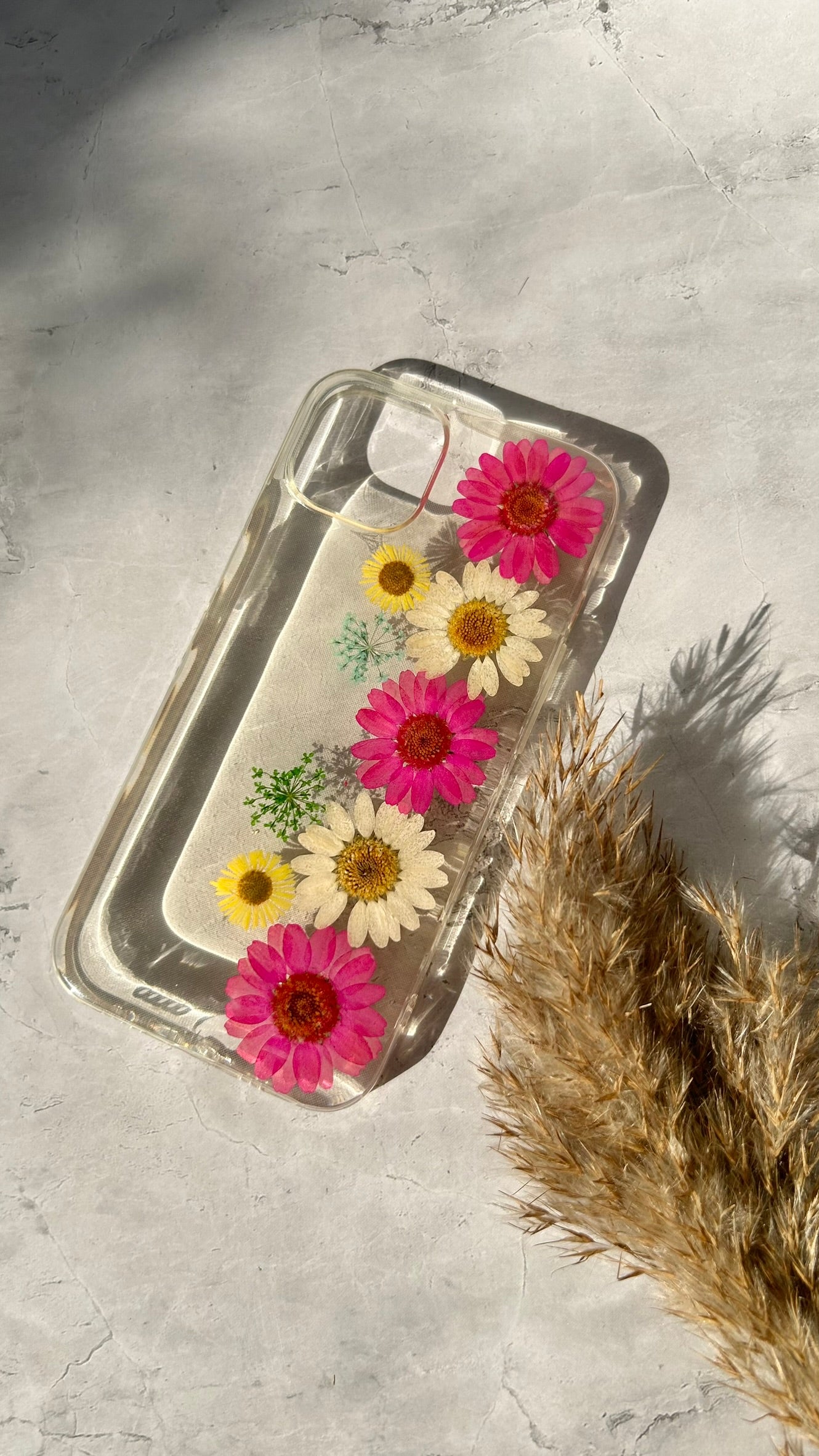Pressed Flower Phone Case | Hot Pink & White Daisies with Yellow & Teal Baby's Breath in Resin | Straight Bloom | Case 4