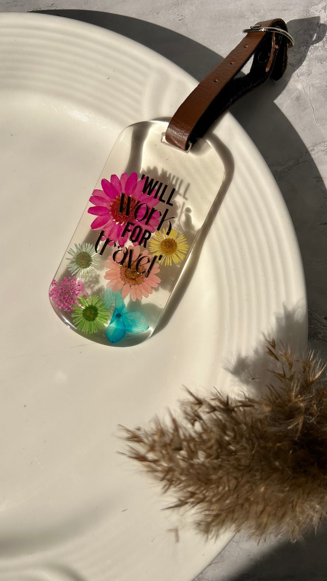 Flora Faraway Resin Luggage Tags - "Will work for travel" | Pink Flowers