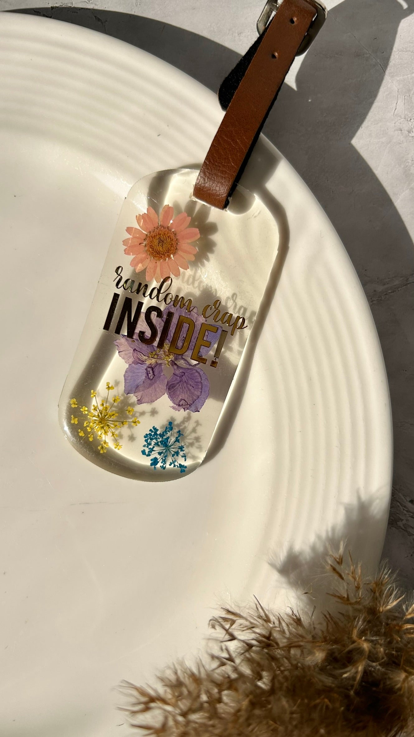 Flora Faraway Resin Luggage Tags - "Random Crap Inside" | Purple Pink Blue Flower