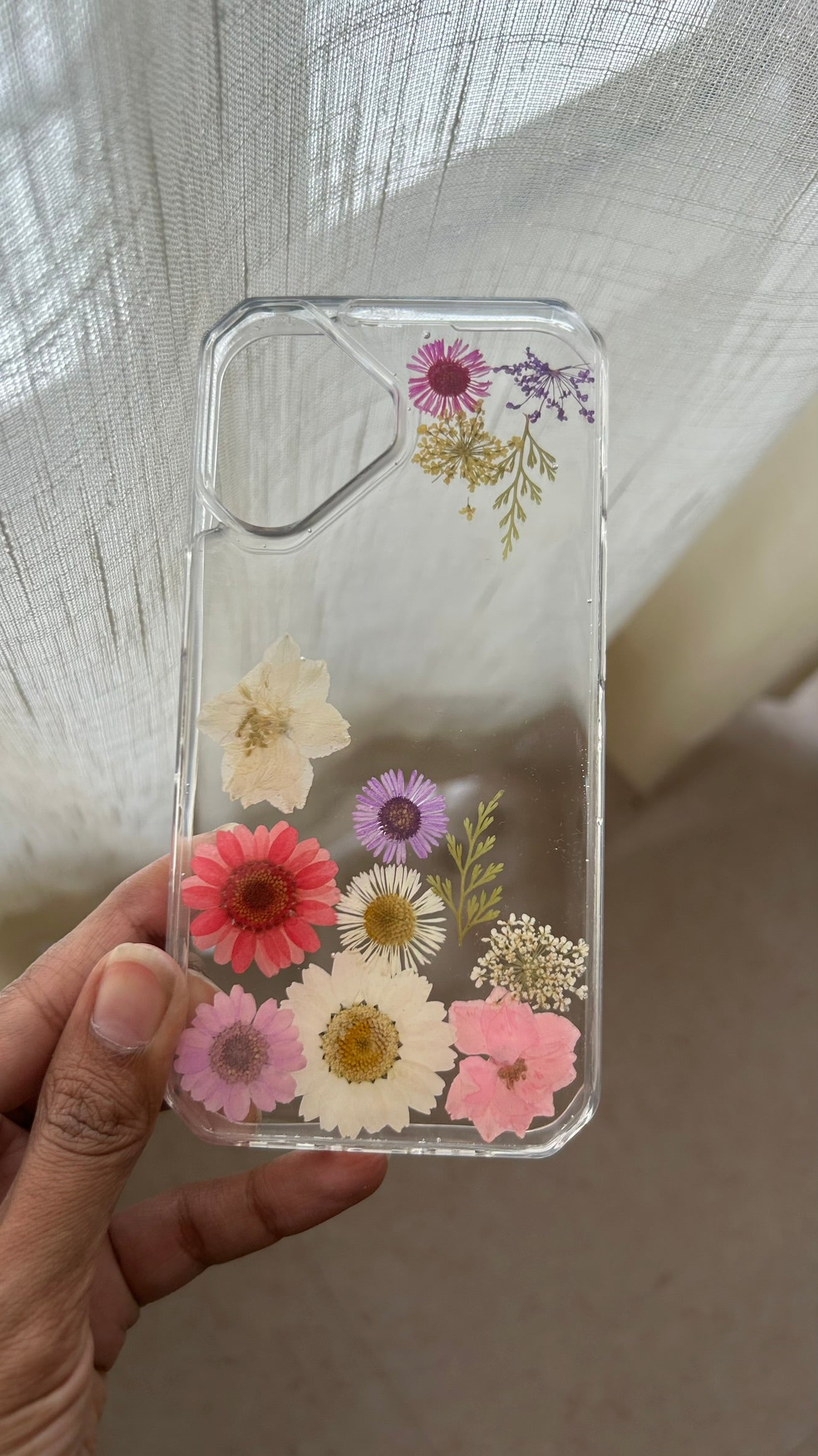 Pressed Flower Phone Case | White Daisies, Pink Wildflowers & Green Stems in Resin | Centre Bloom | Case 1
