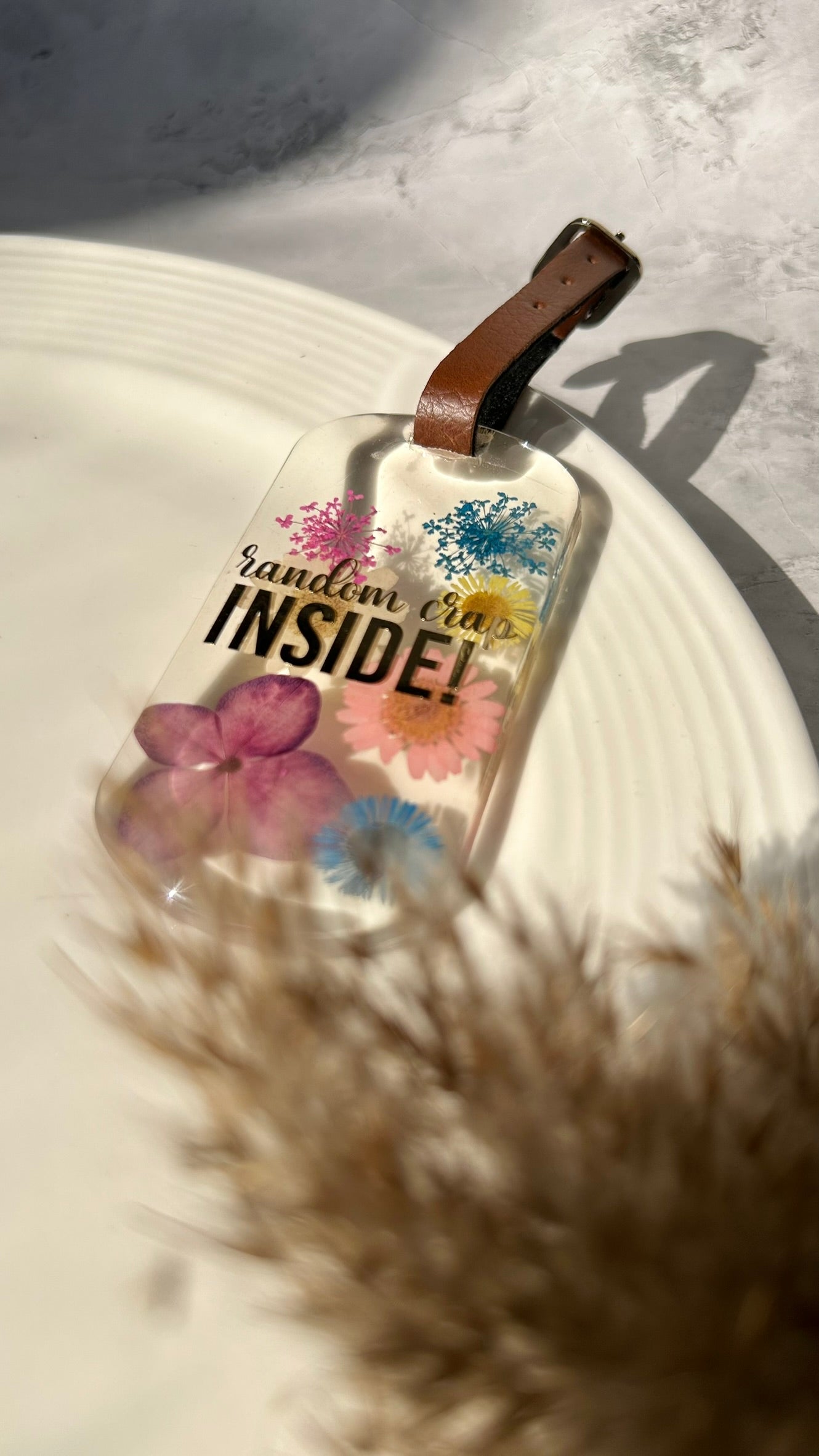 Flora Faraway Resin Luggage Tags - "Random Crap Inside" | Purple Pink Blue Flower