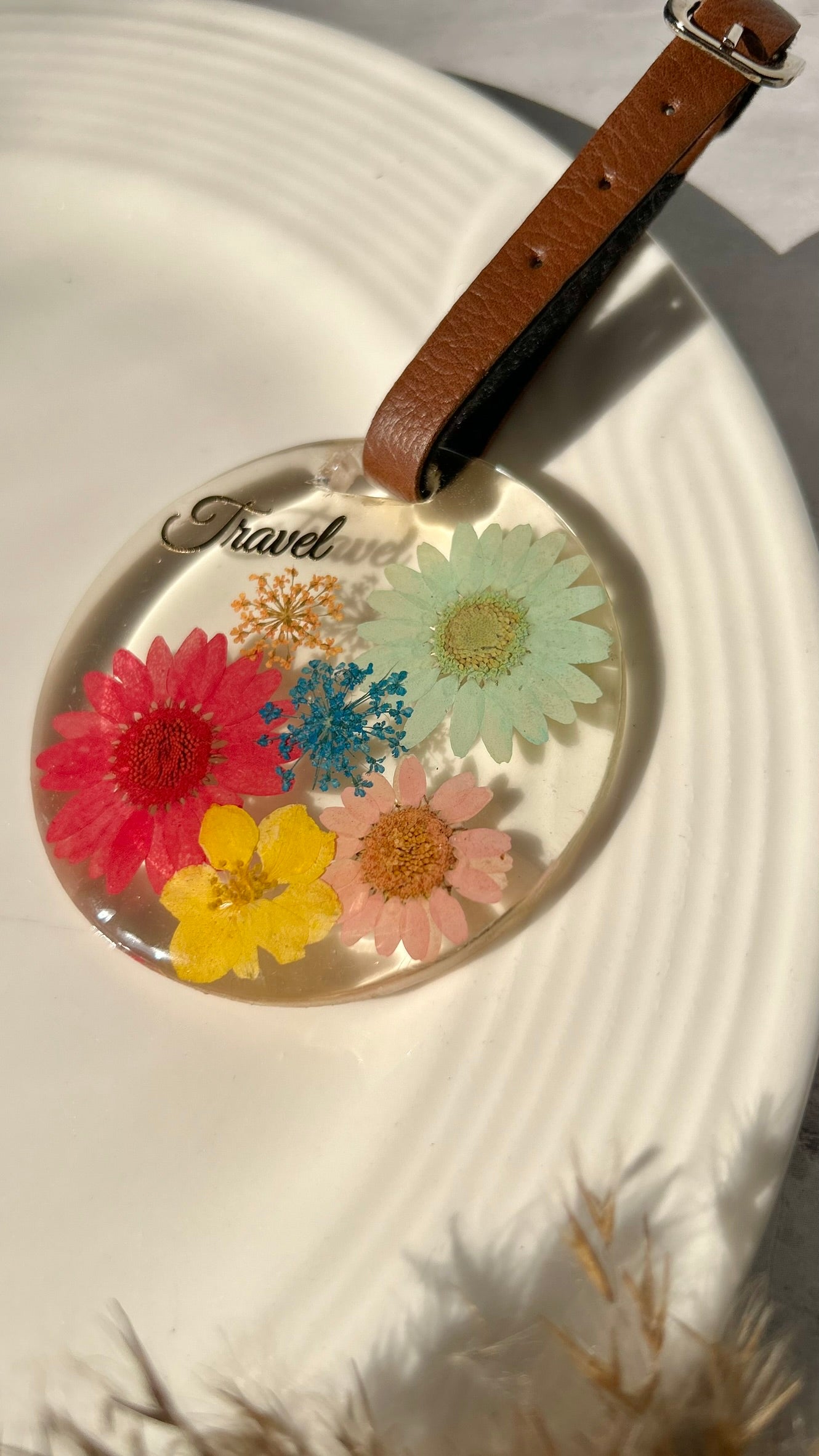 Flora Faraway Resin Luggage Tags - "Travel" | Yellow & Red Flower | Round
