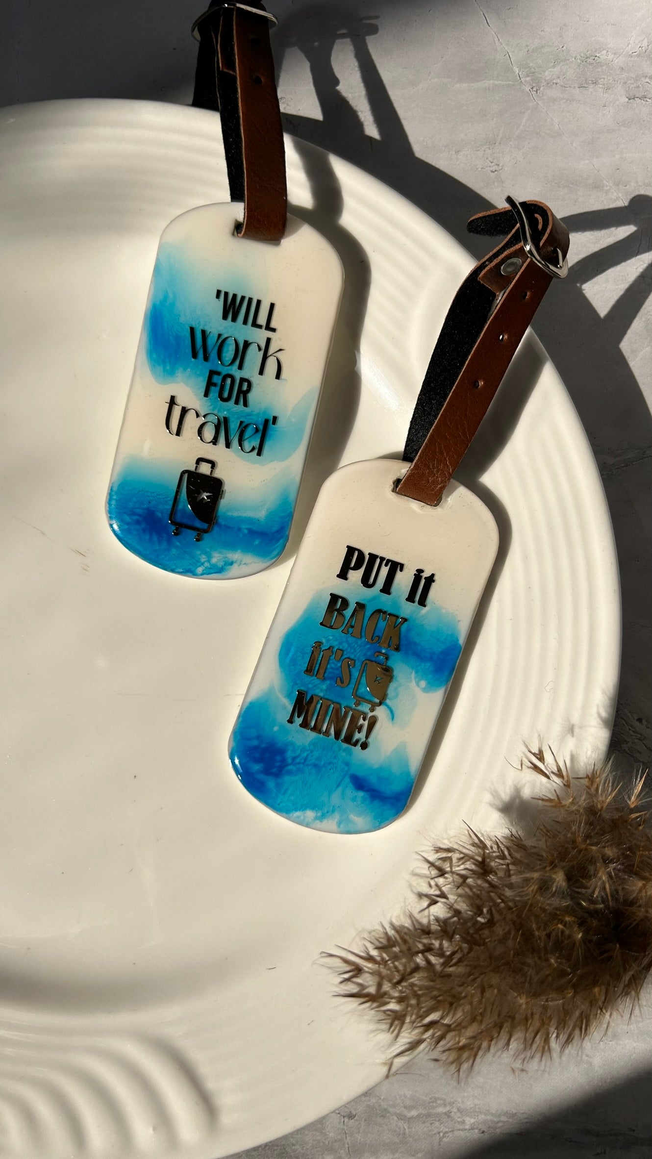 Ocean Reverie Luggage Tags - "Will Work For Travel" | Solid Blue & White