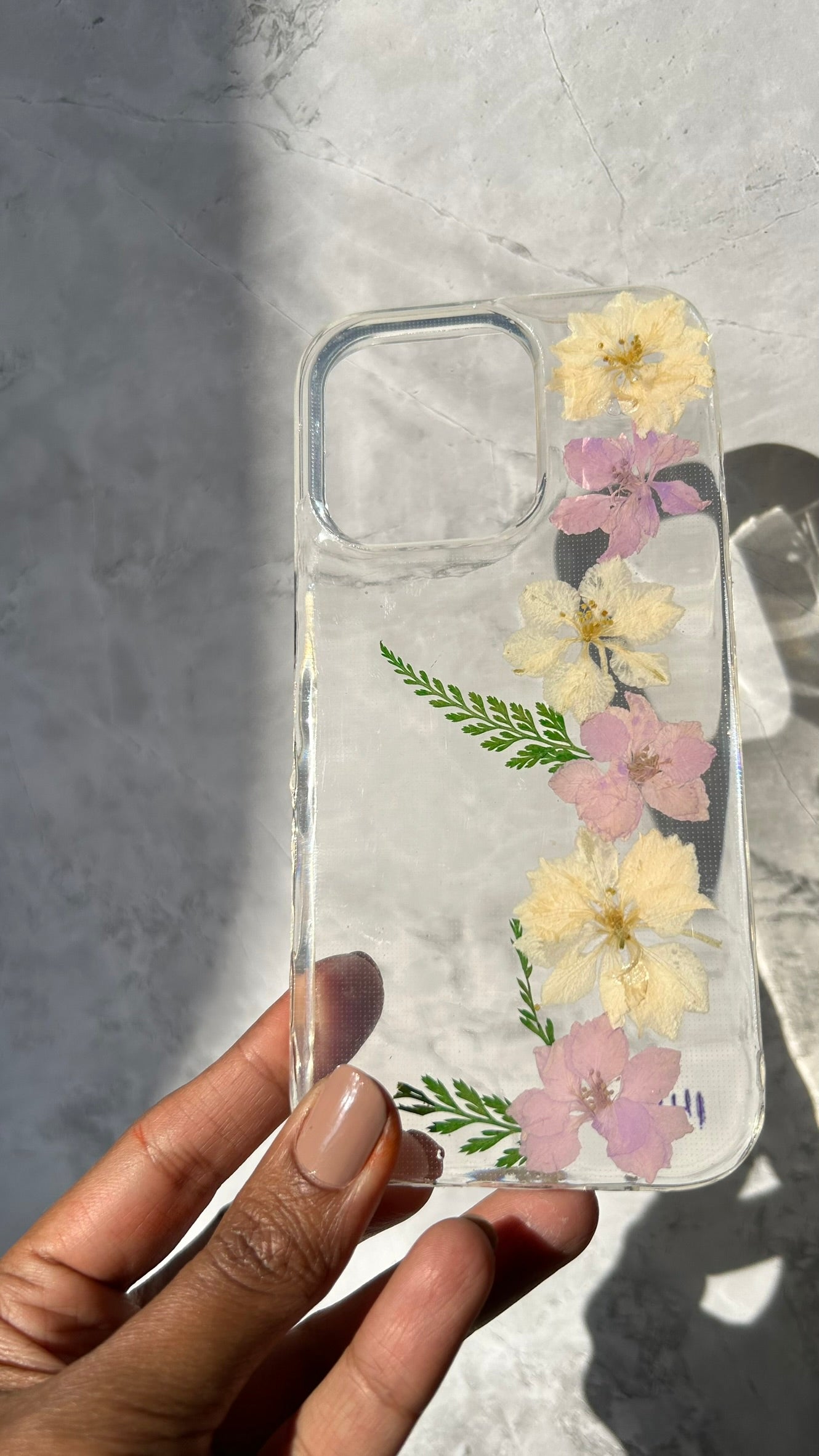 Pressed Flower Phone Case | White & Lavender Wildflowers with Green Ferns in Resin | Straight Bloom | Case 8