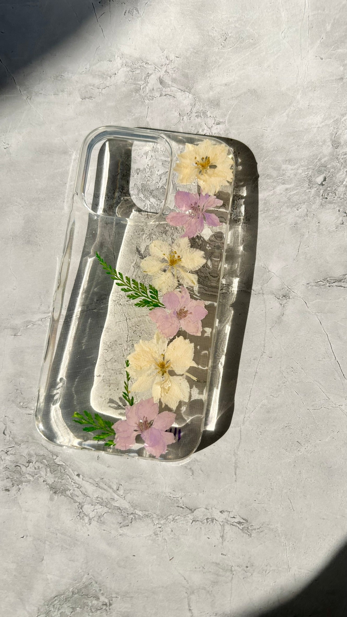 Pressed Flower Phone Case | White & Lavender Wildflowers with Green Ferns in Resin | Straight Bloom | Case 8