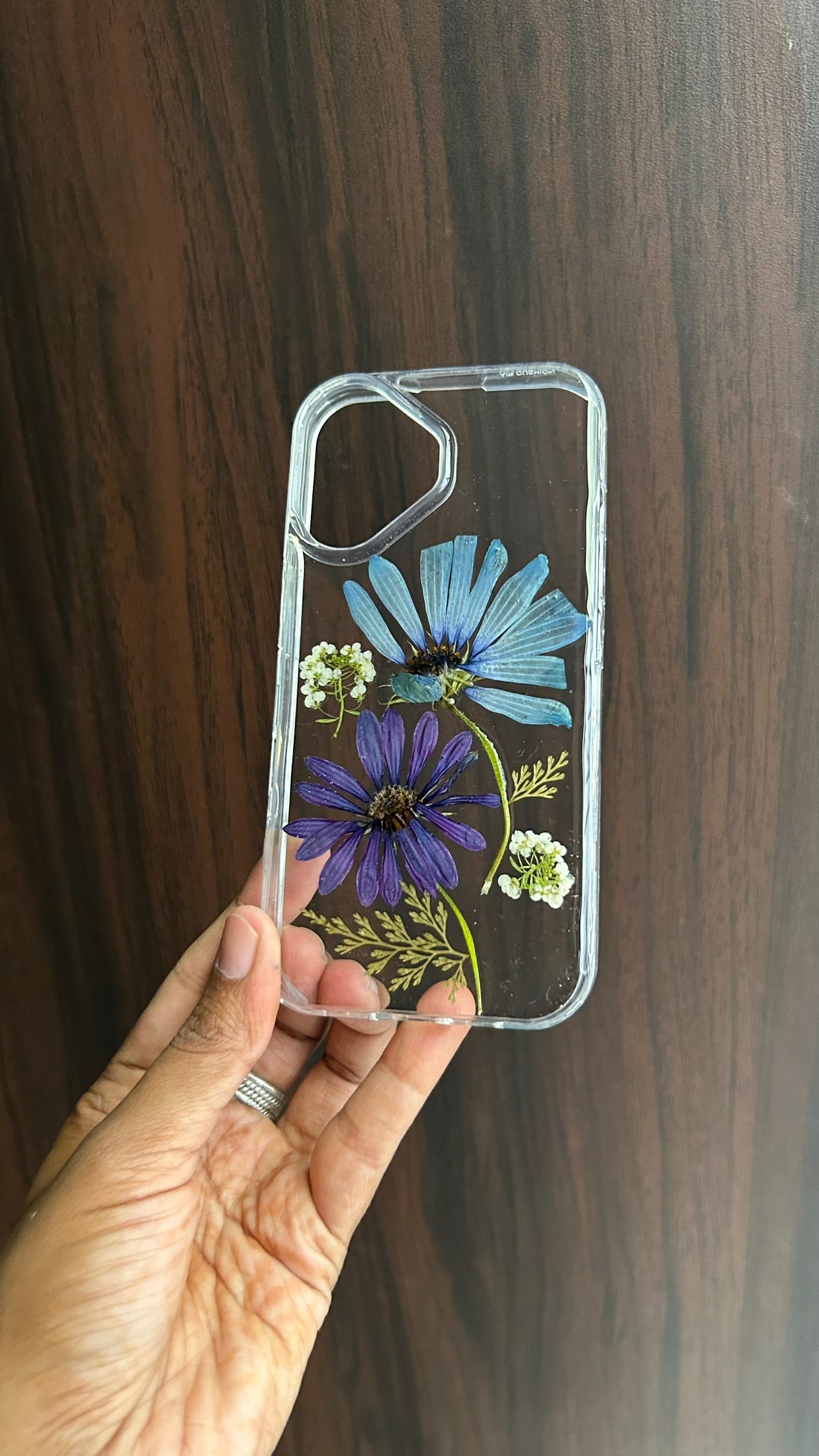 Pressed Flower Phone Case | Blue & Purple Daisies with Dried Ferns in Resin | Centre Bloom | Case 3