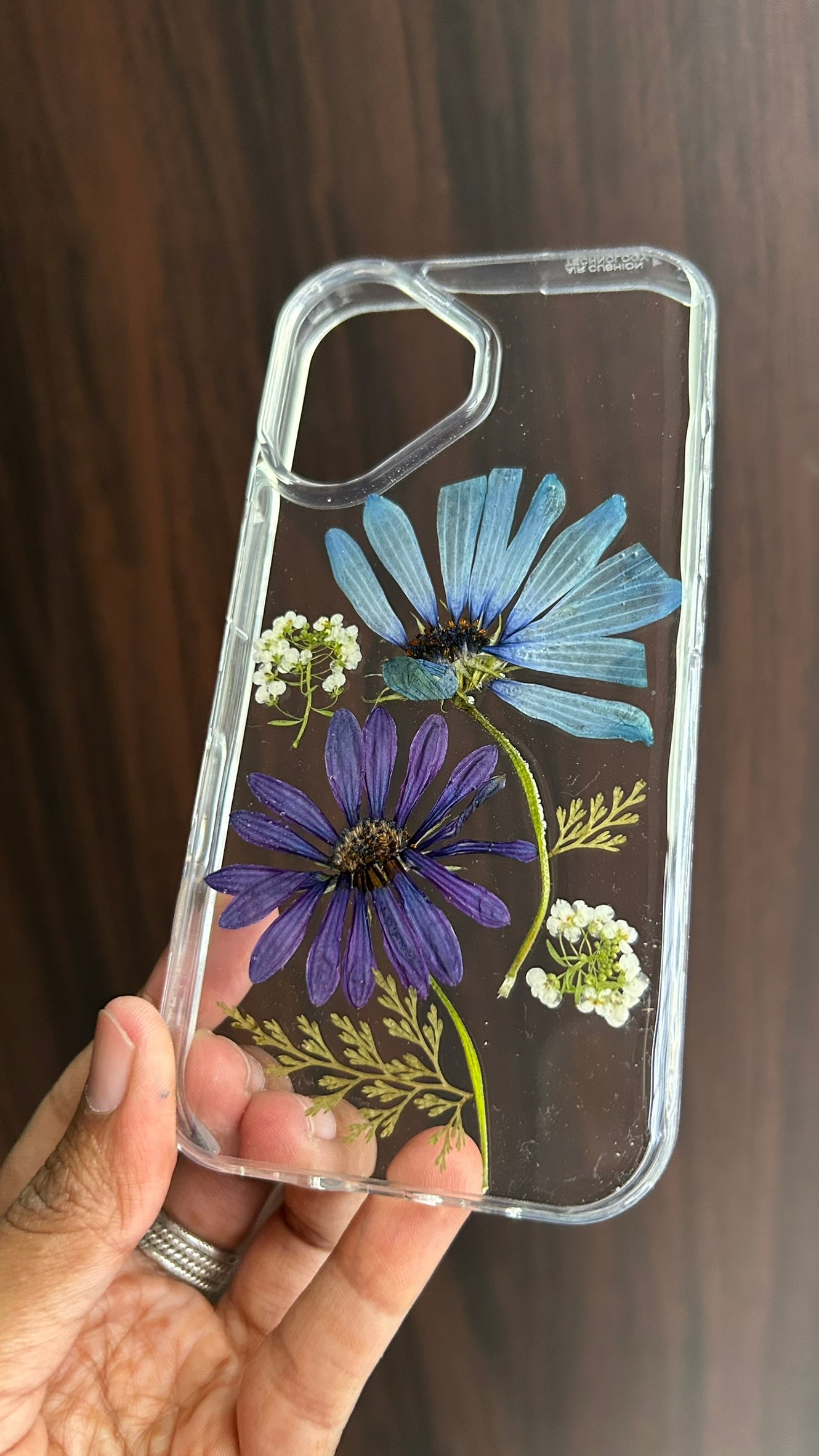 Pressed Flower Phone Case | Blue & Purple Daisies with Dried Ferns in Resin | Centre Bloom | Case 3