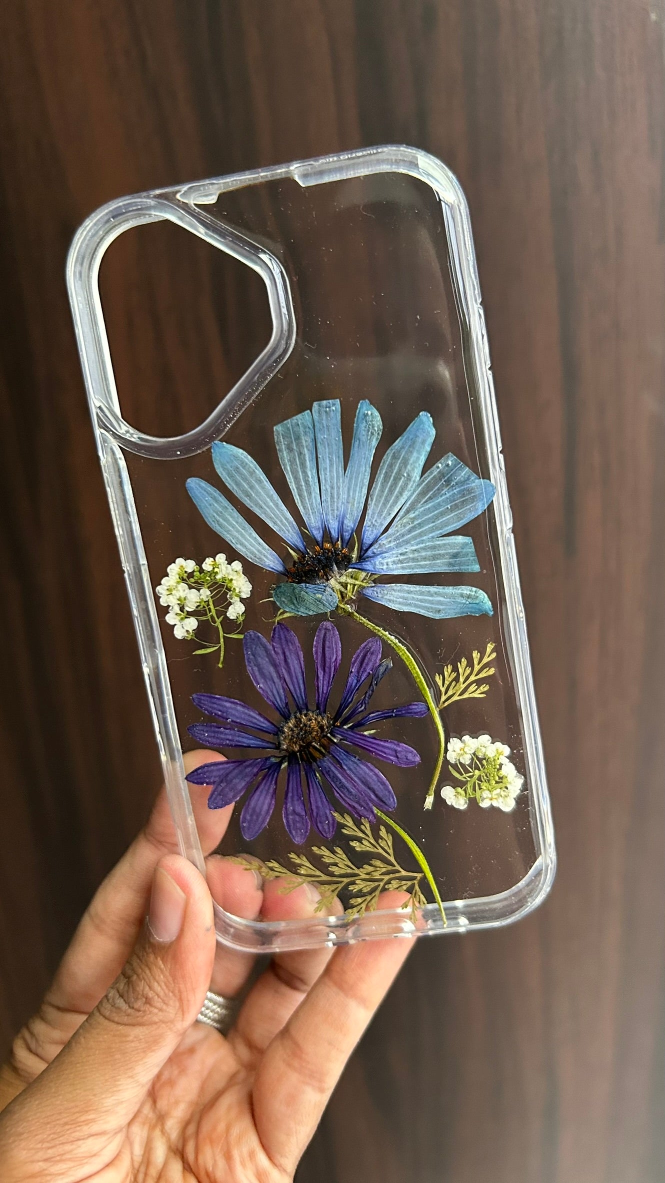 Pressed Flower Phone Case | Blue & Purple Daisies with Dried Ferns in Resin | Centre Bloom | Case 3