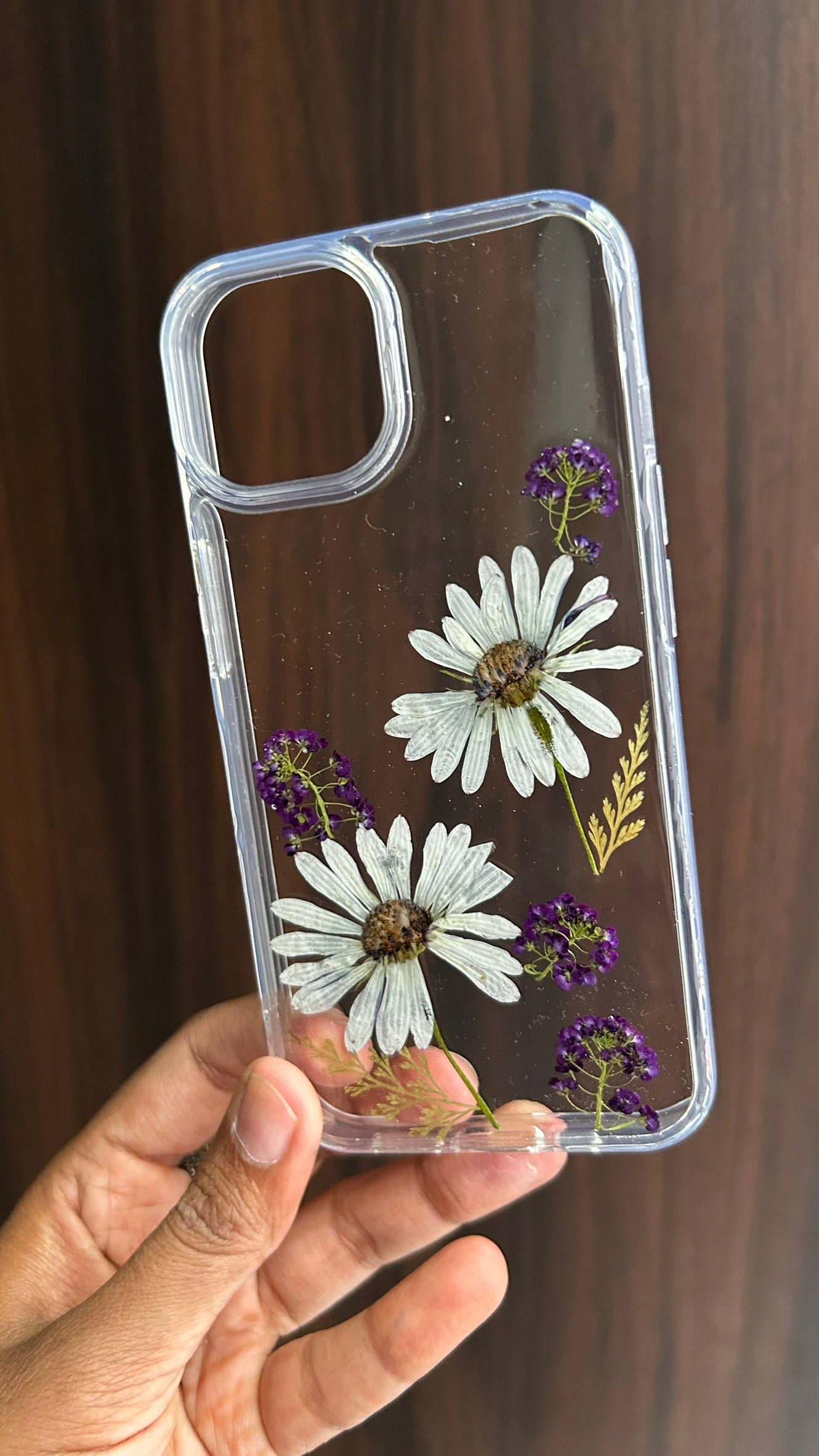 Pressed Flower Phone Case | White Daisies & Purple Baby's Breath with Dried Ferns in Resin | Centre Bloom | Case 4