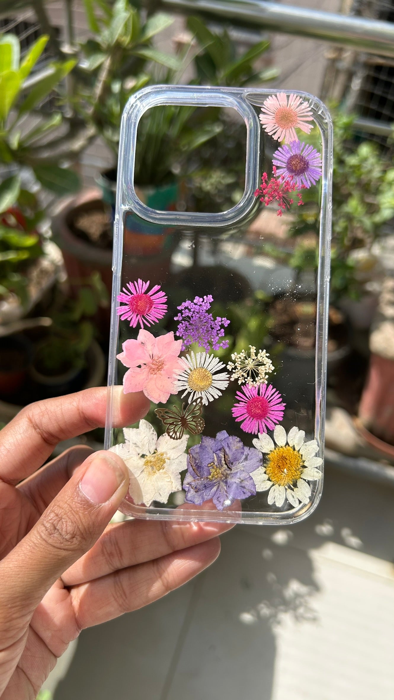 Pressed Flower Phone Case | Pink, Purple & White Mixed Flowers with Butterfly Charm in Resin | Left Bloom Series | Case 11