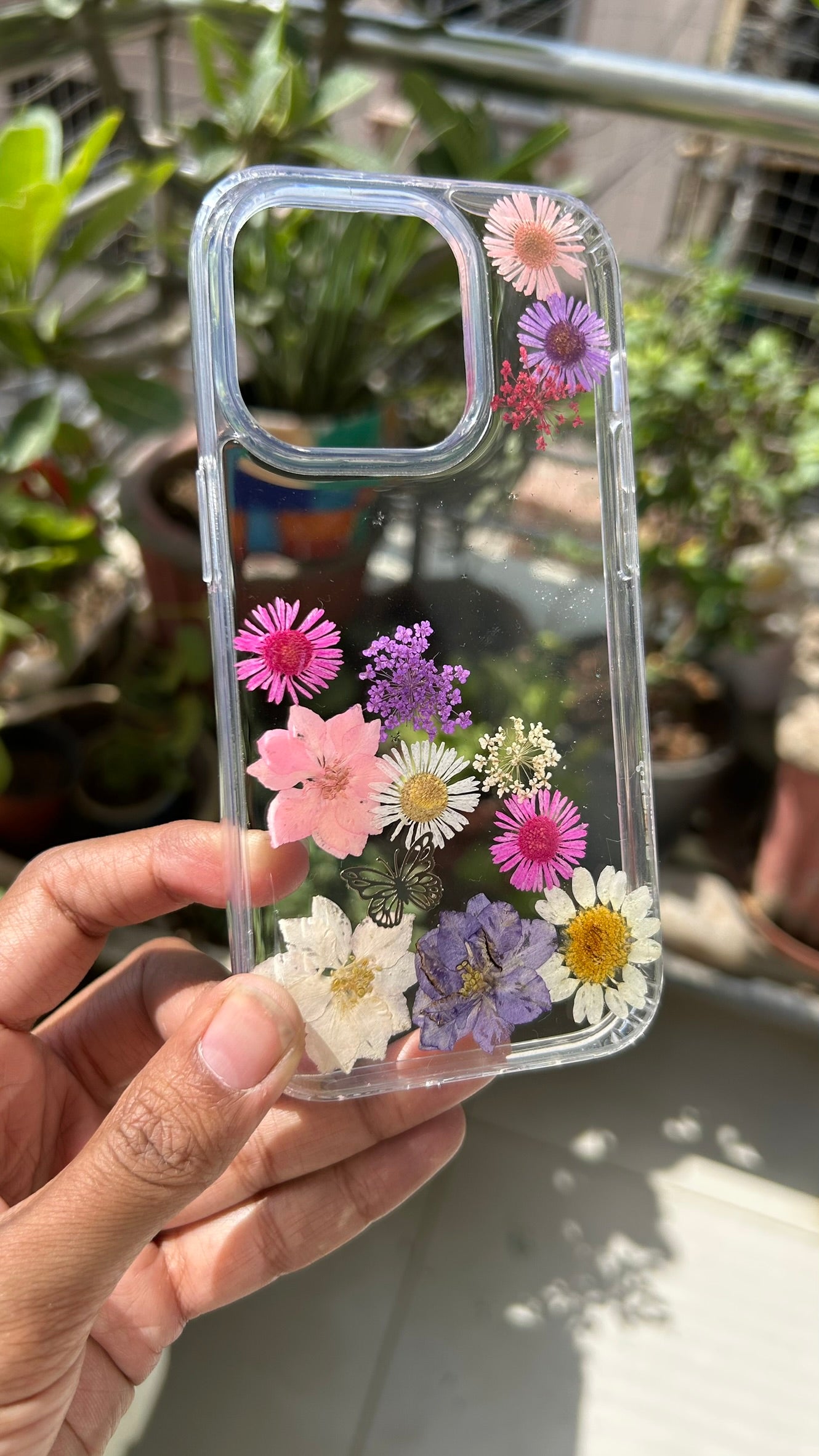 Pressed Flower Phone Case | Pink, Purple & White Mixed Flowers with Butterfly Charm in Resin | Left Bloom Series | Case 11