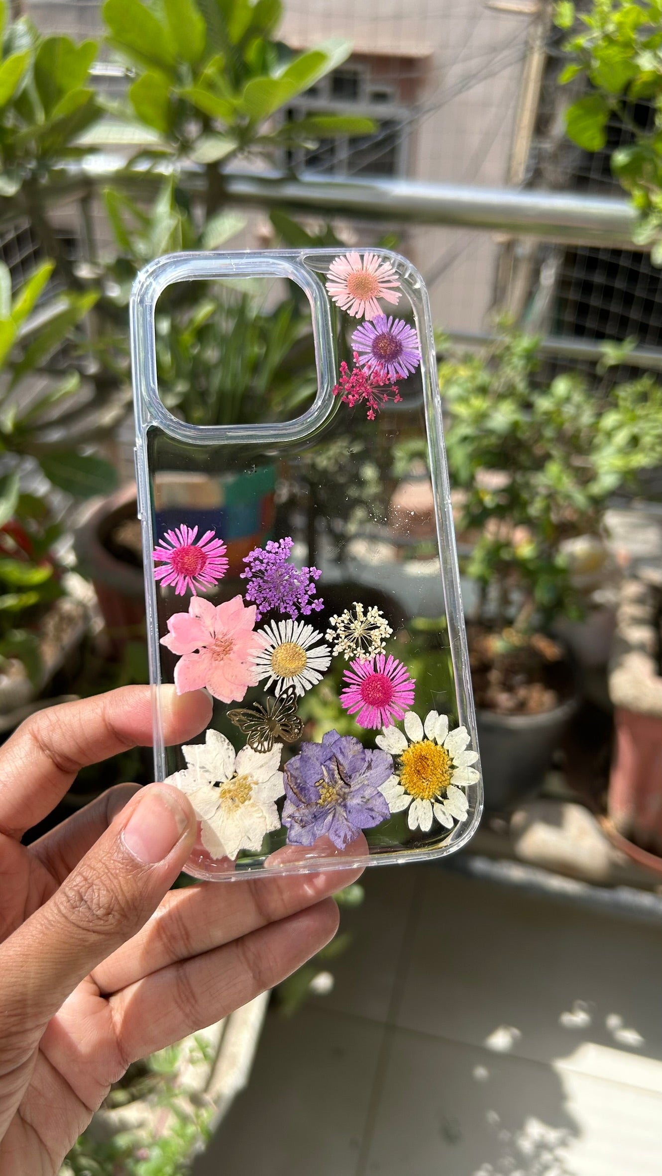 Pressed Flower Phone Case | Pink, Purple & White Mixed Flowers with Butterfly Charm in Resin | Left Bloom Series | Case 11