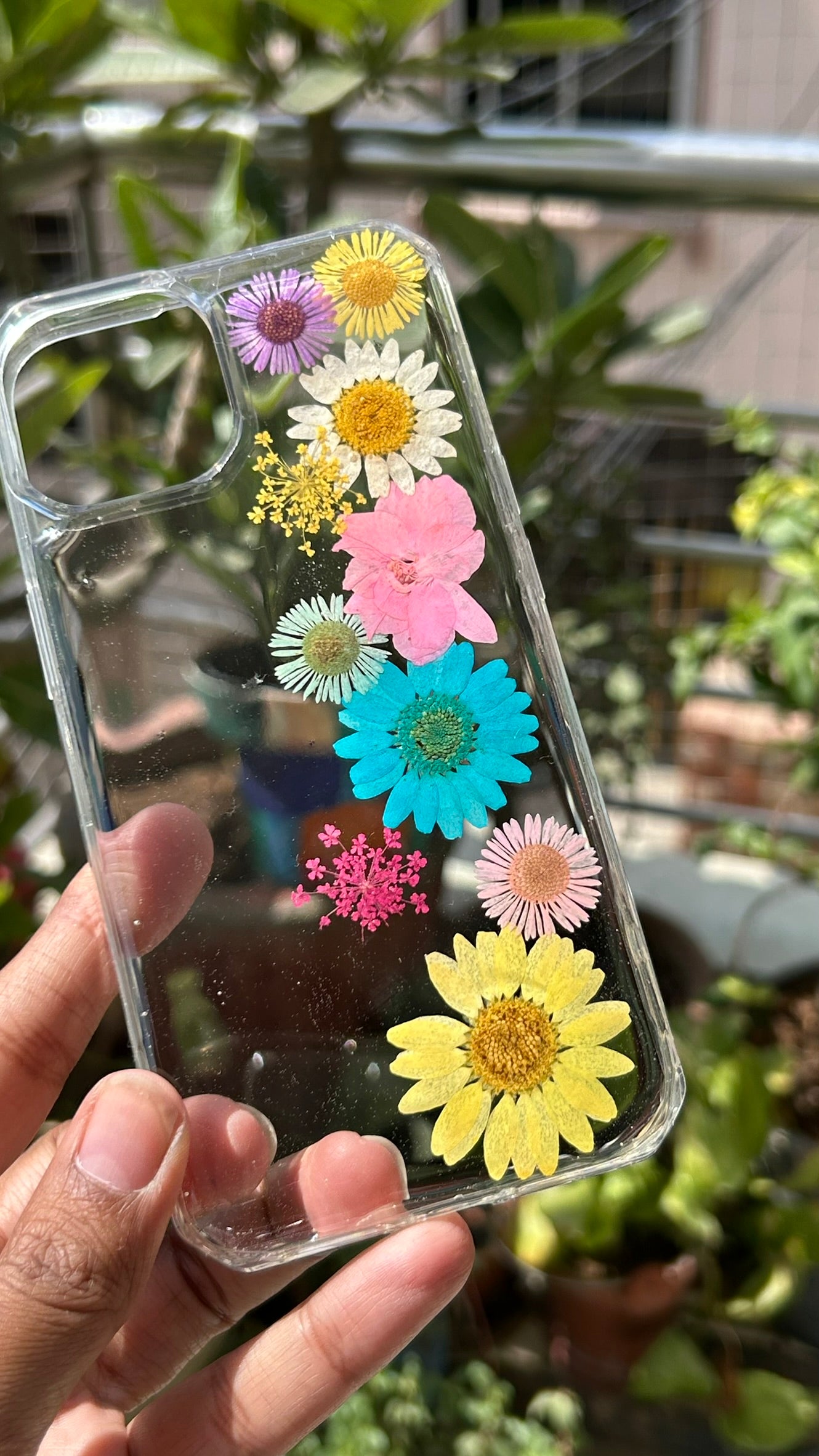 Pressed Flower Phone Case | Rainbow Daisies & Pink Wildflower in a Straight Bloom Resin | Straight Bloom | Case 1