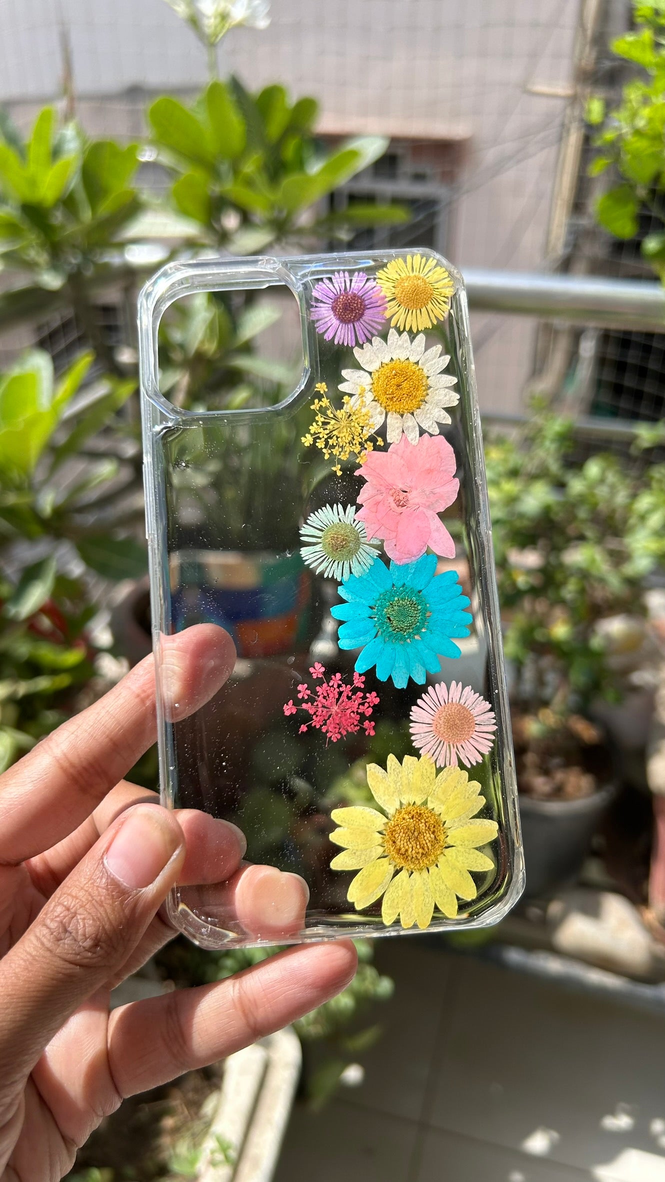 Pressed Flower Phone Case | Rainbow Daisies & Pink Wildflower in a Straight Bloom Resin | Straight Bloom | Case 1