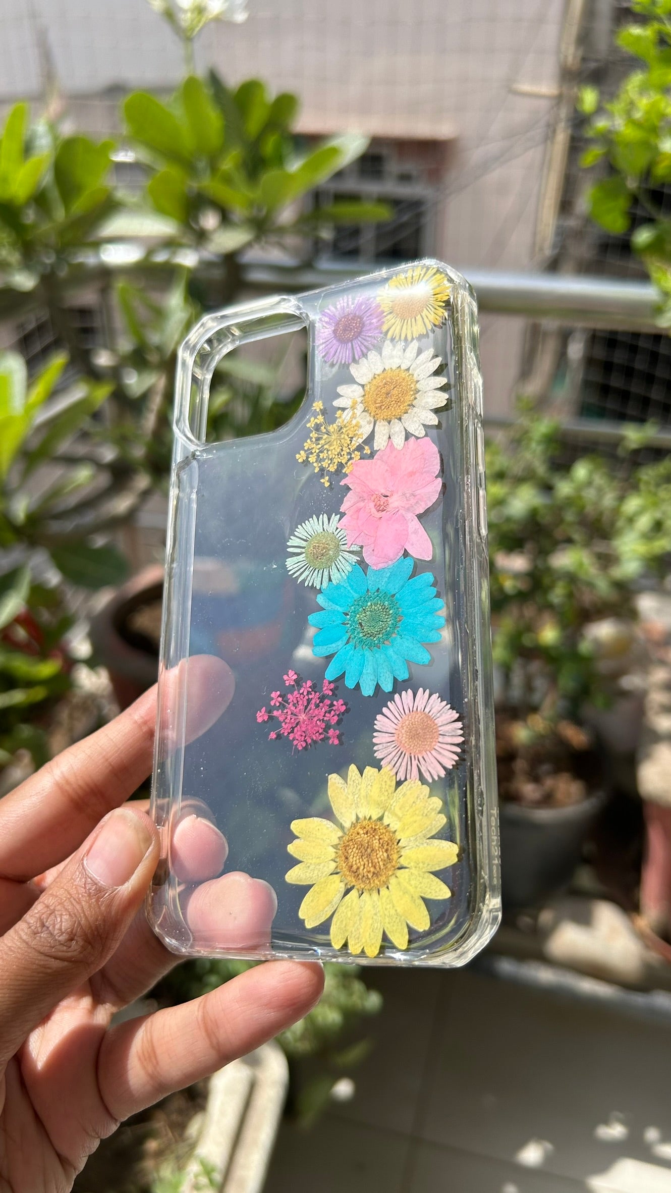Pressed Flower Phone Case | Rainbow Daisies & Pink Wildflower in a Straight Bloom Resin | Straight Bloom | Case 1