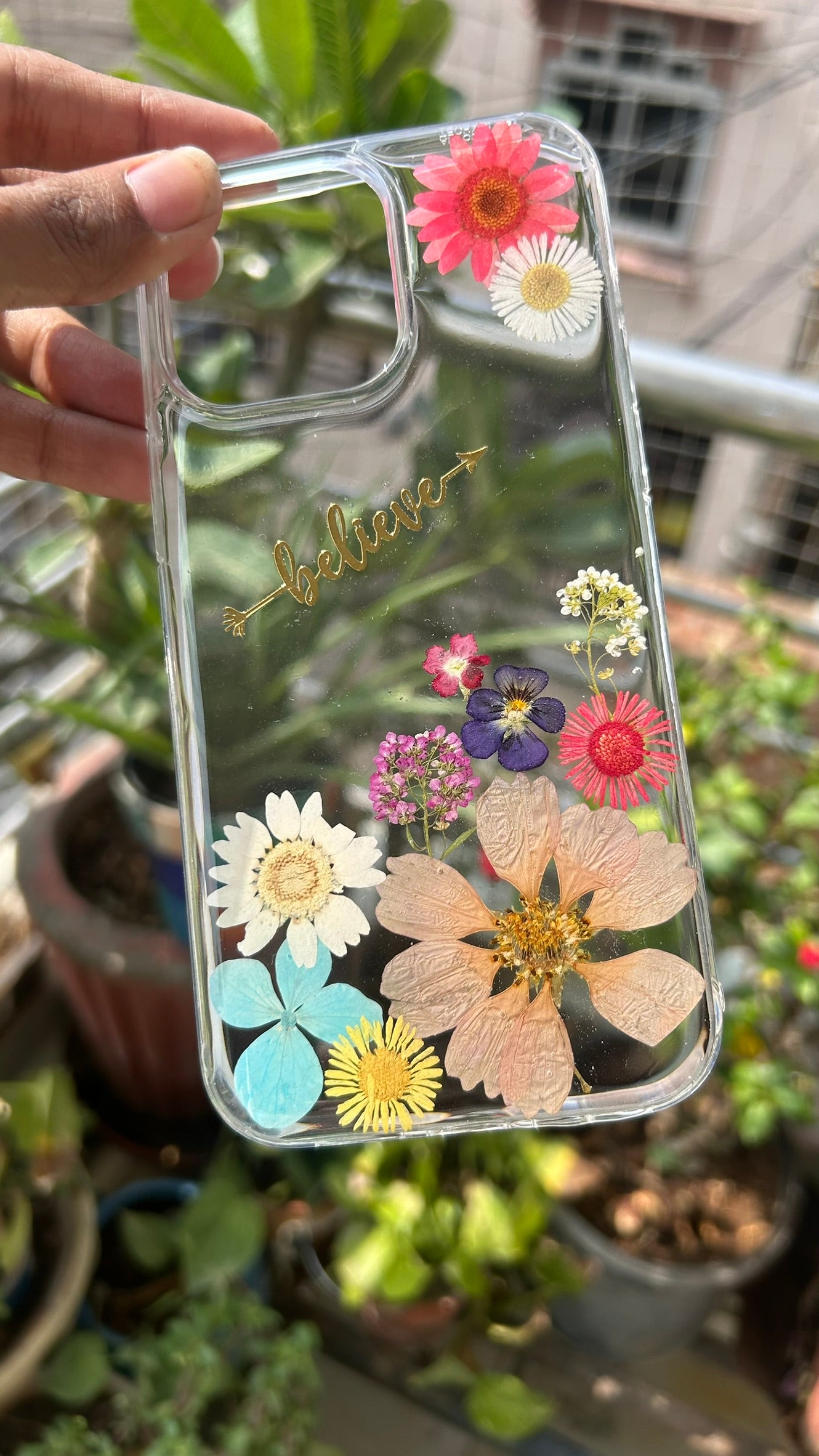 Pressed Flower Phone Case | Multicolor Mixed Flowers with Gold "Believe" Charm in Resin | Right Bloom | Case 7