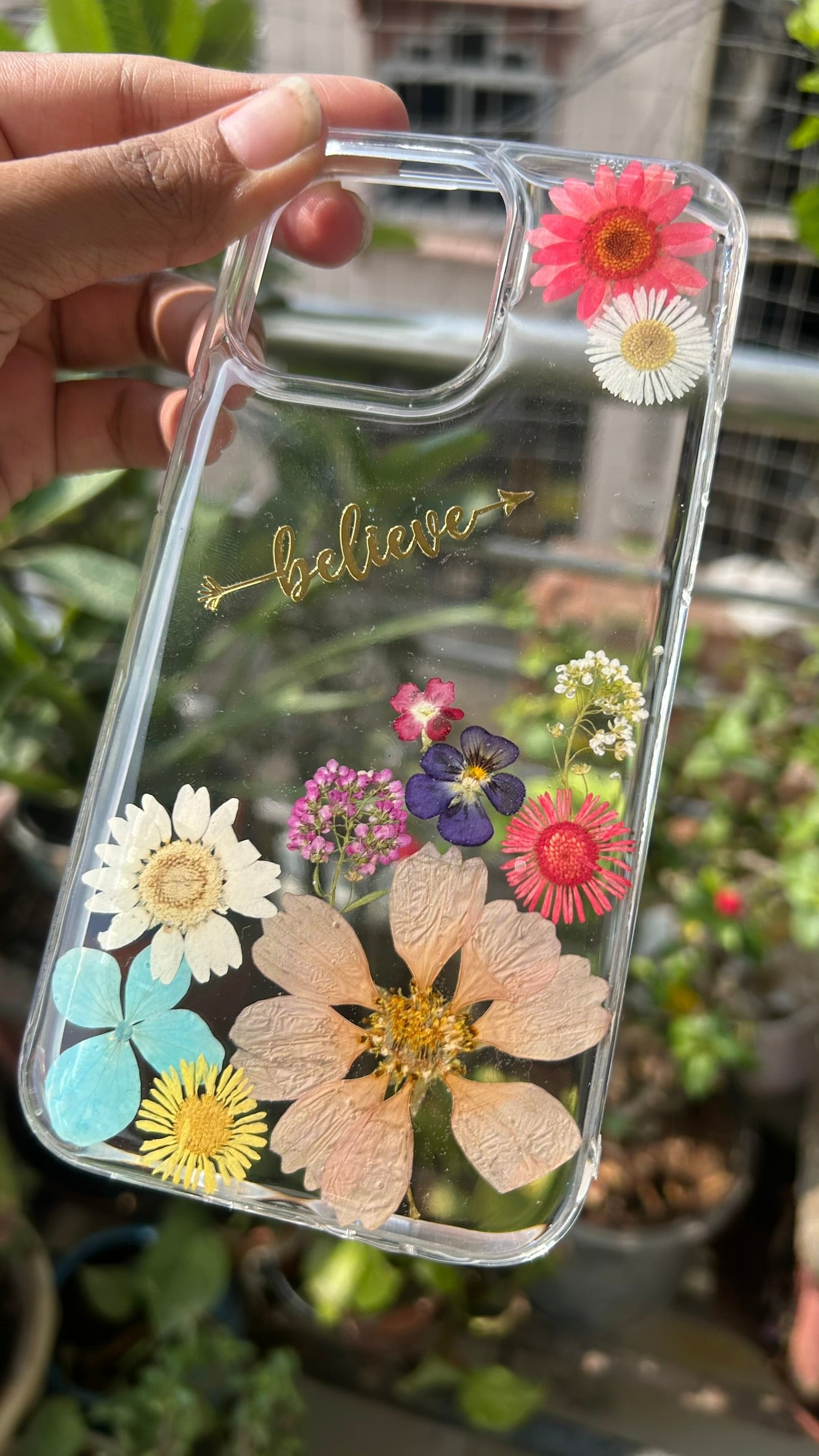 Pressed Flower Phone Case | Multicolor Mixed Flowers with Gold "Believe" Charm in Resin | Right Bloom | Case 7