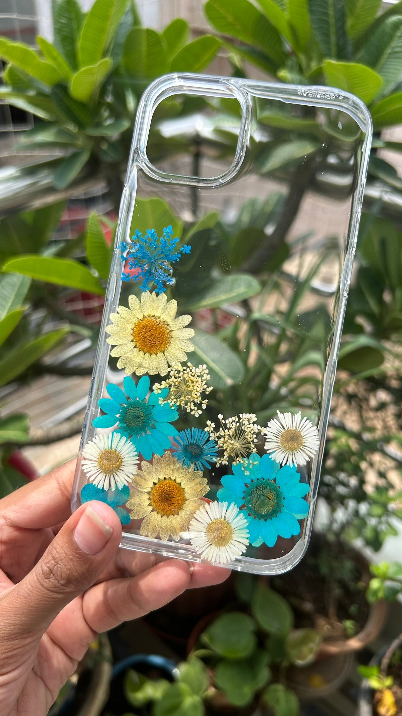 Pressed Flower Phone Case | Teal & White Daisies with Blue Baby's Breath in Resin | Left Bloom Series | Case 7
