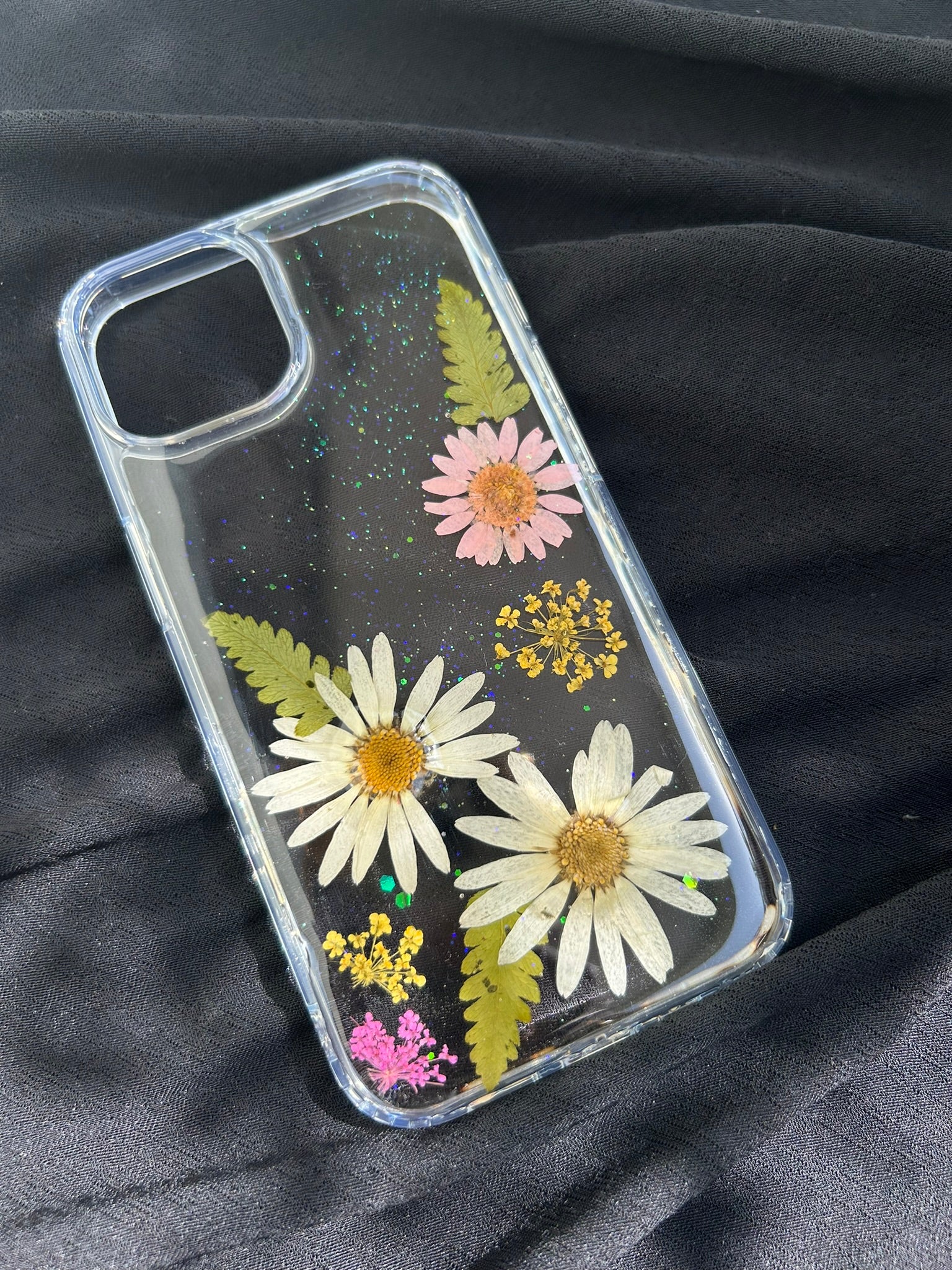 Pressed Flower Phone Case | White Daisies & Ferns with Glitter Resin | Left Bloom Series | Case 10