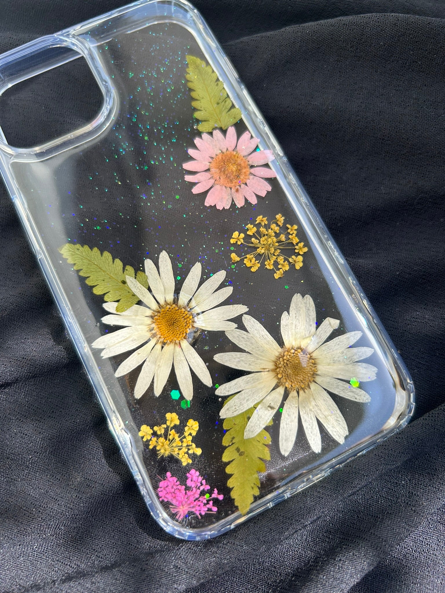 Pressed Flower Phone Case | White Daisies & Ferns with Glitter Resin | Left Bloom Series | Case 10