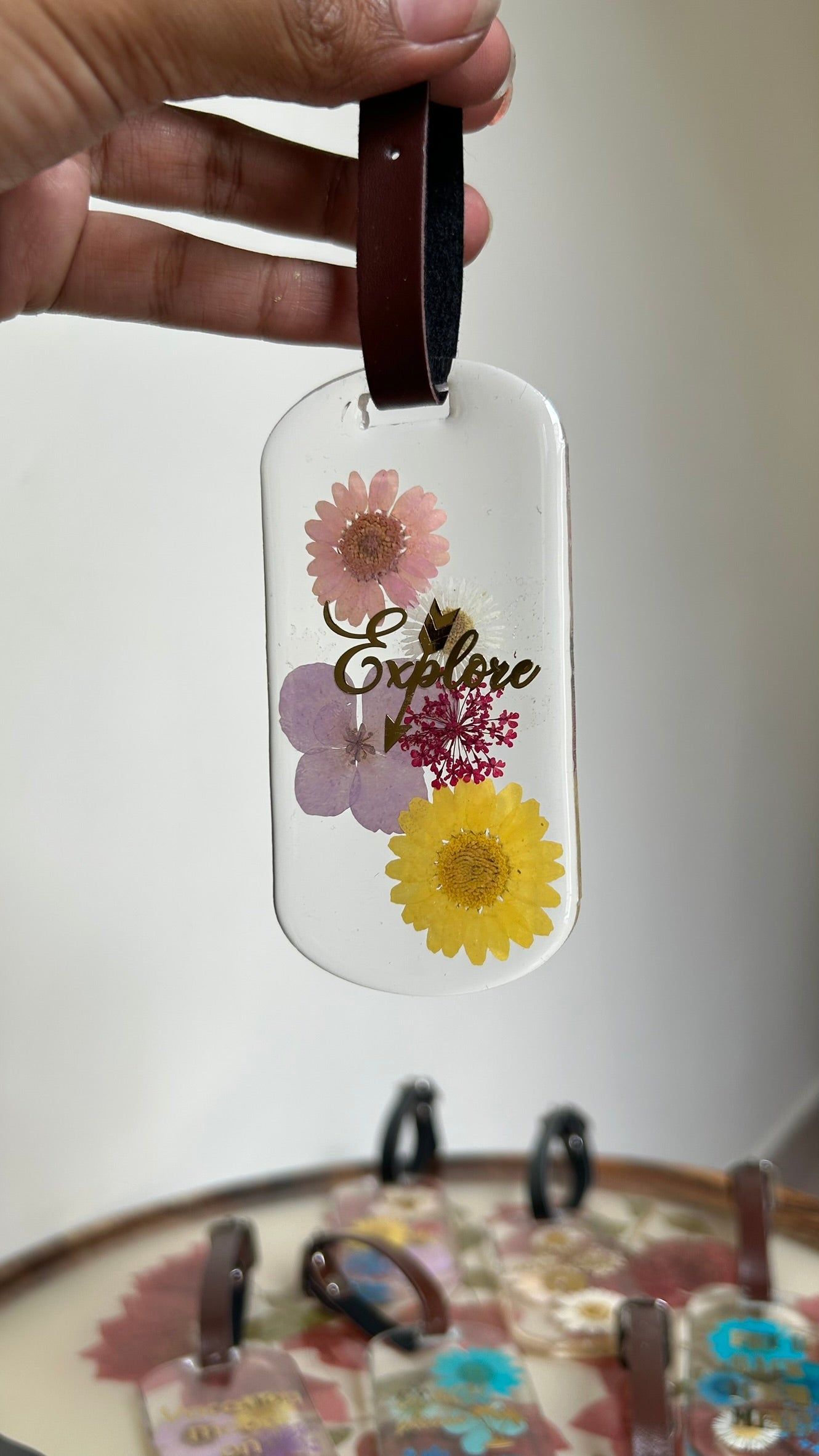 Flora Faraway Resin Luggage Tags - "Explore" | Purple, Yellow & Pink Flower