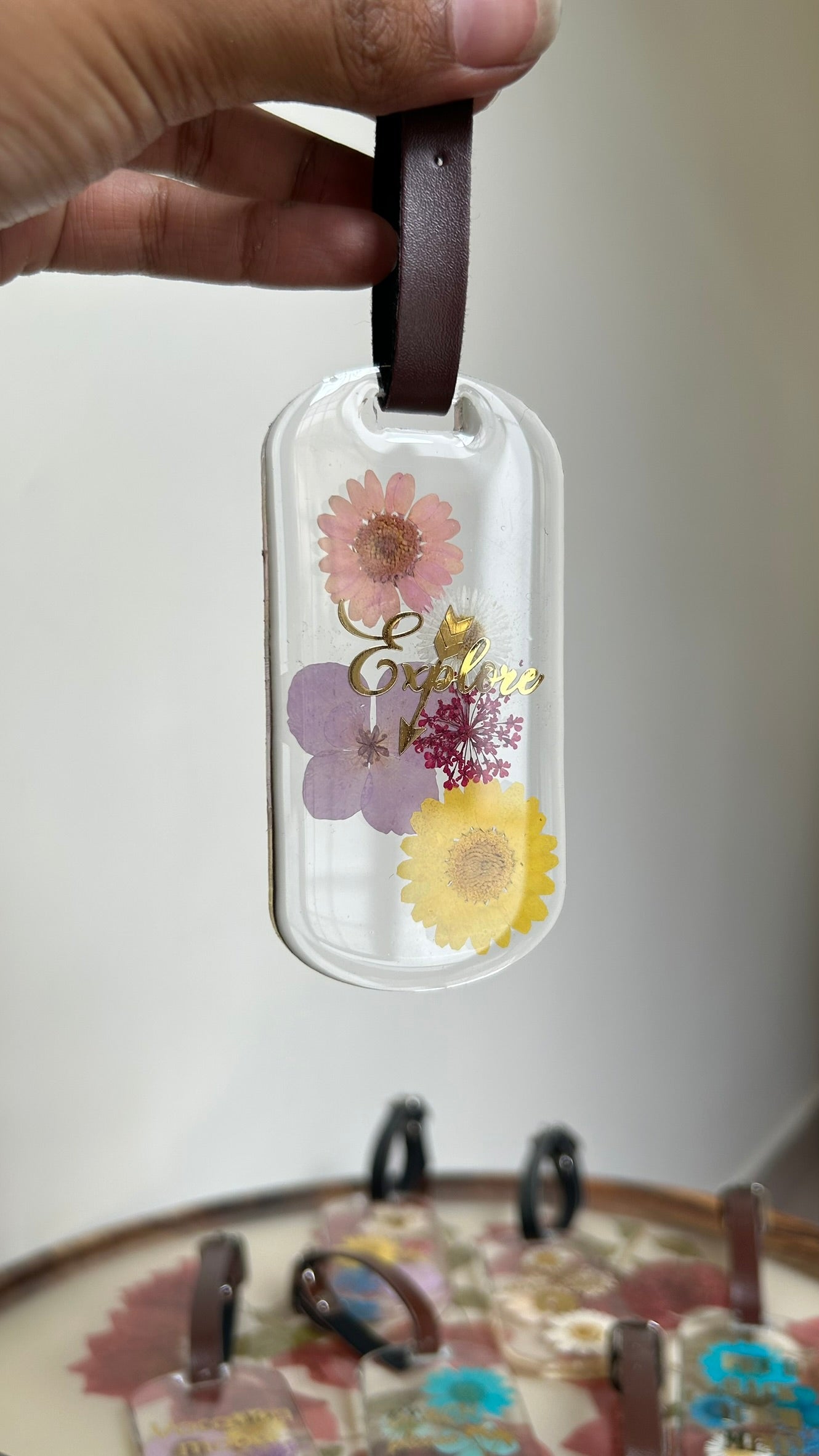 Flora Faraway Resin Luggage Tags - "Explore" | Purple, Yellow & Pink Flower
