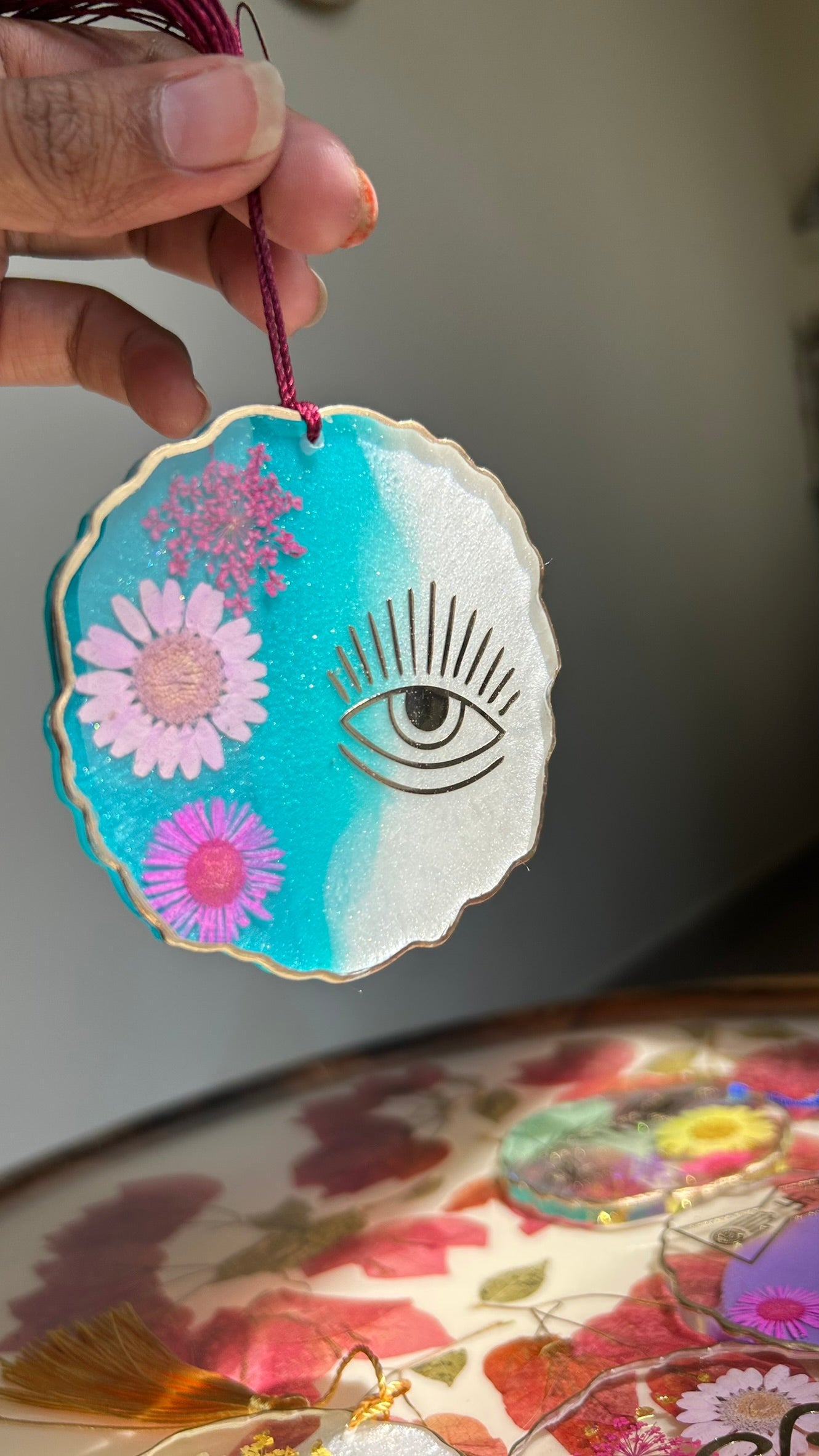BloomDrop Car Hanging - Evil Eye | Green & Pearl White