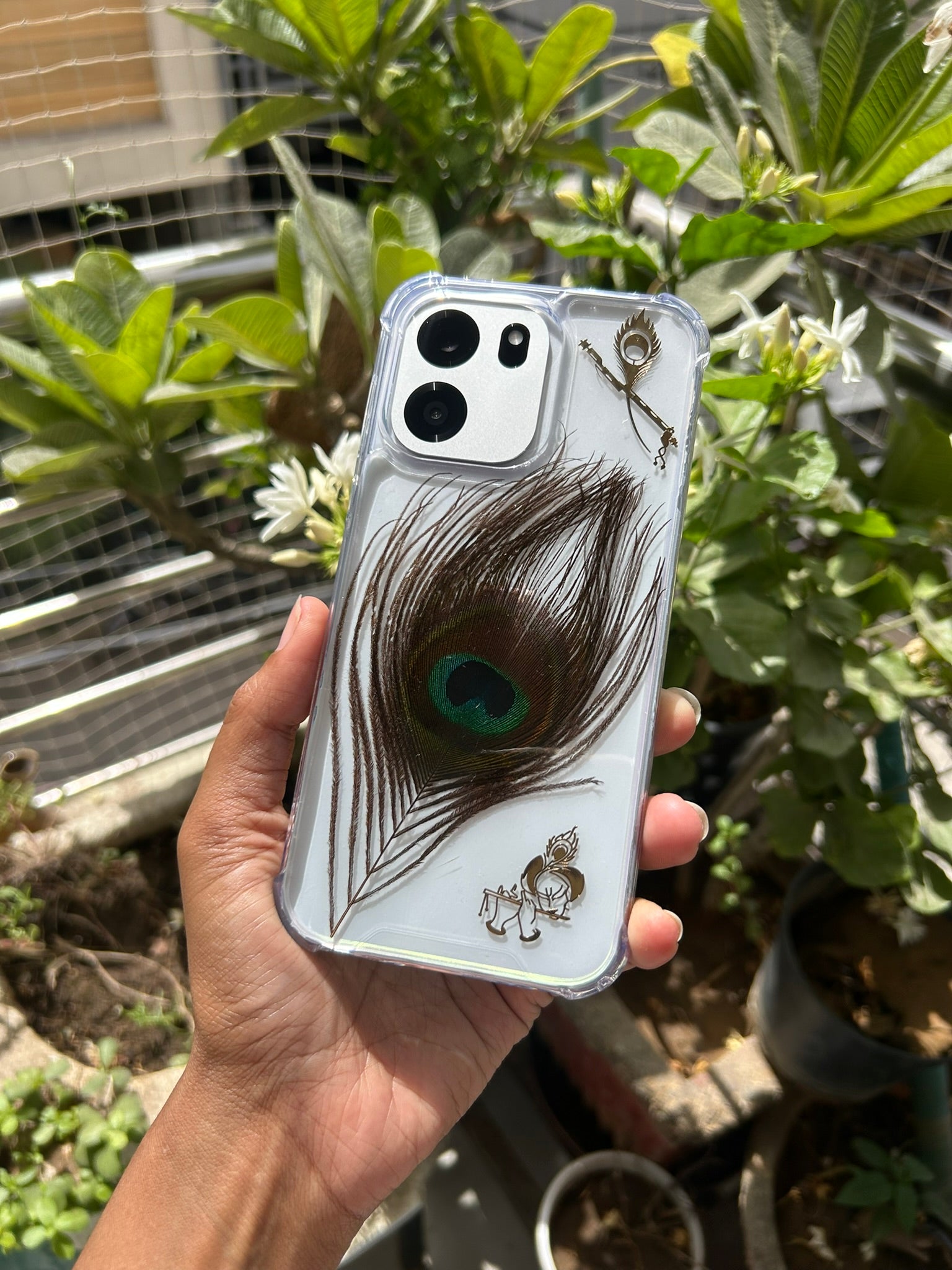 Peacock Feather Phone Case | Real Mor Pankh in Clear Resin | Krishna Aesthetic Cover