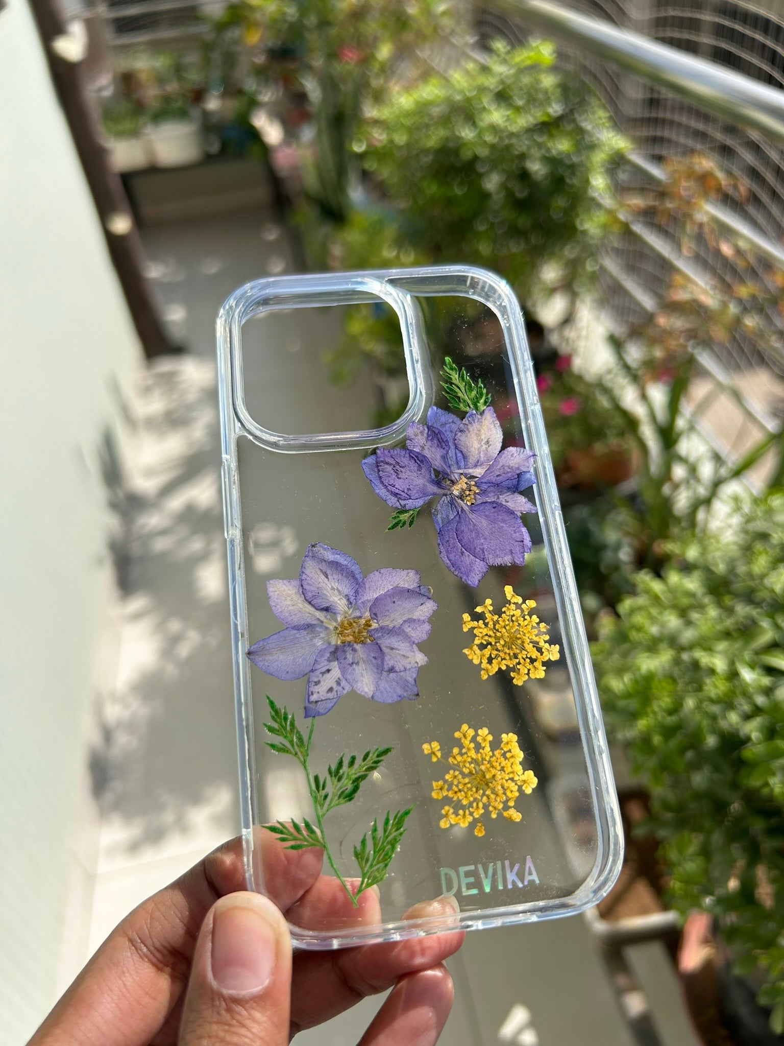 Pressed Flower Phone Case | Purple Clematis & Yellow Baby's Breath with Green Ferns in Resin | Centre Bloom | Case 6
