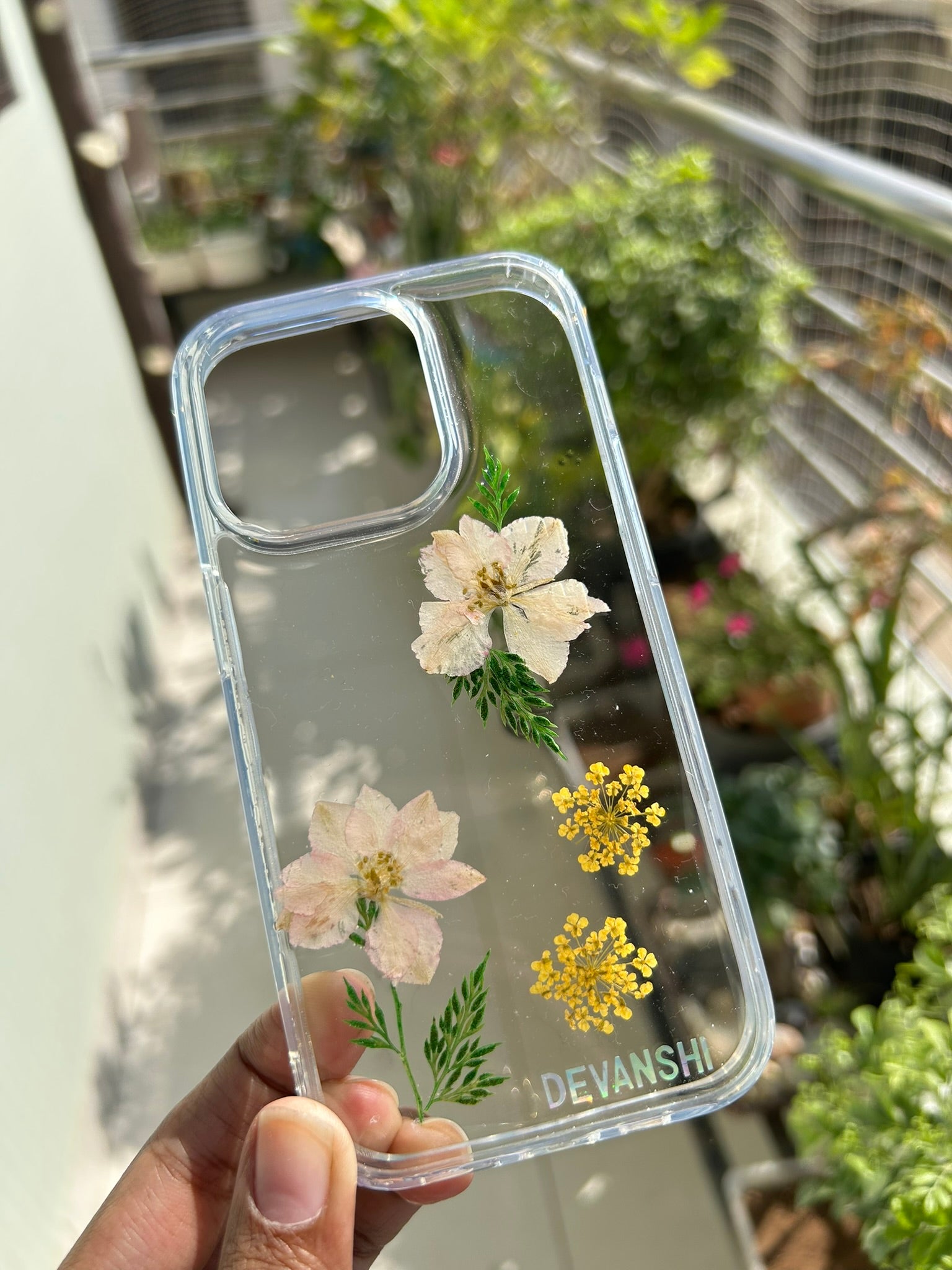 Pressed Flower Phone Case | White Wildflowers & Yellow Baby's Breath with Green Ferns in Resin | Centre Bloom | Case 7