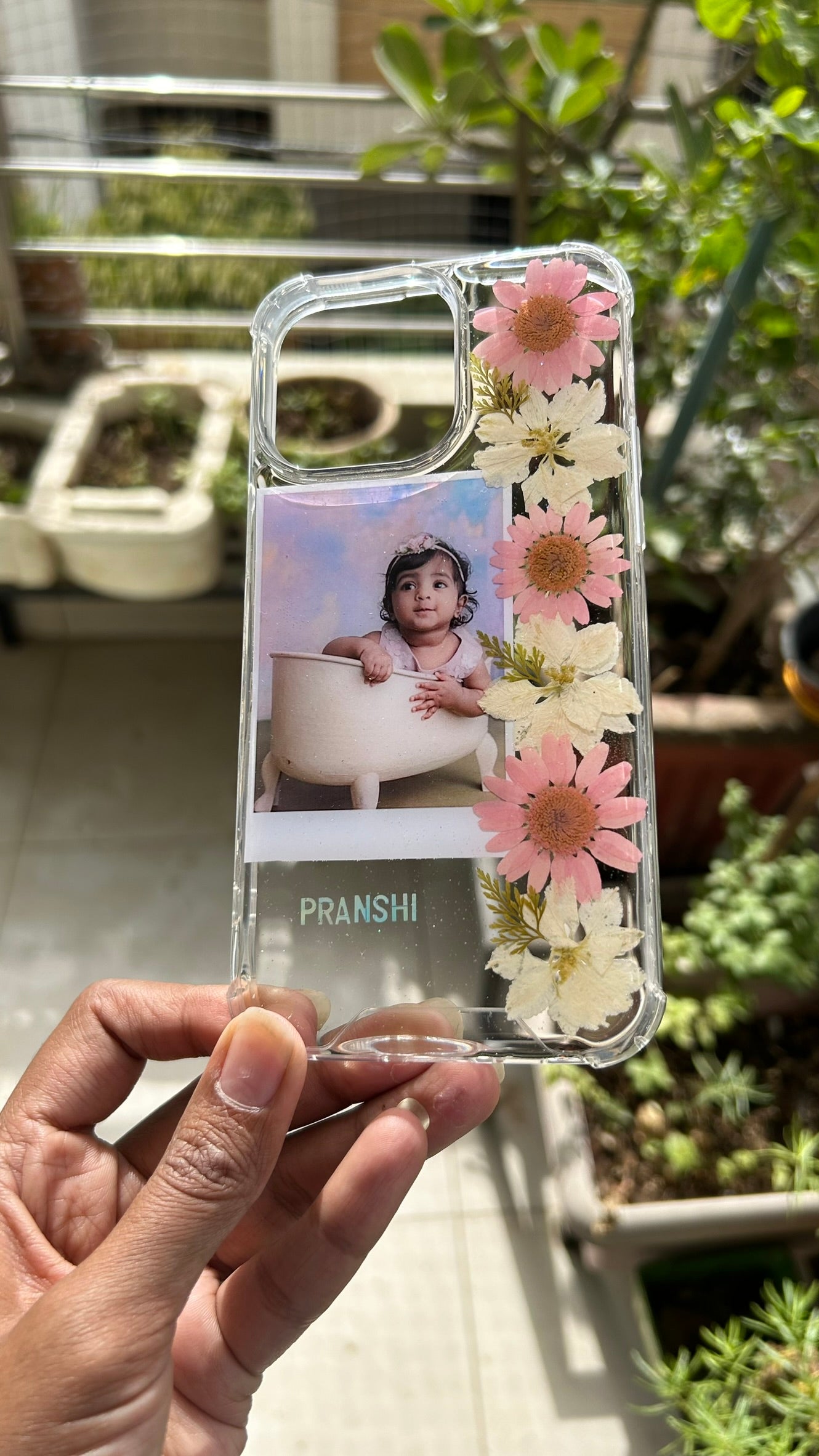 Personalized Pressed Flower Phone Case with Polaroid Photo | Real Dried Flowers in Resin | Custom Name | Case 1