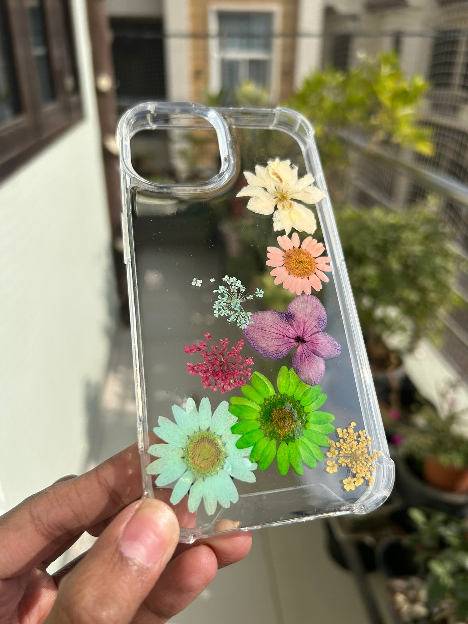 Pressed Flower Phone Case | White Clematis, Green Daisy & Purple Hydrangea with Mixed Baby's Breath in Resin | Right Bloom | Case 10