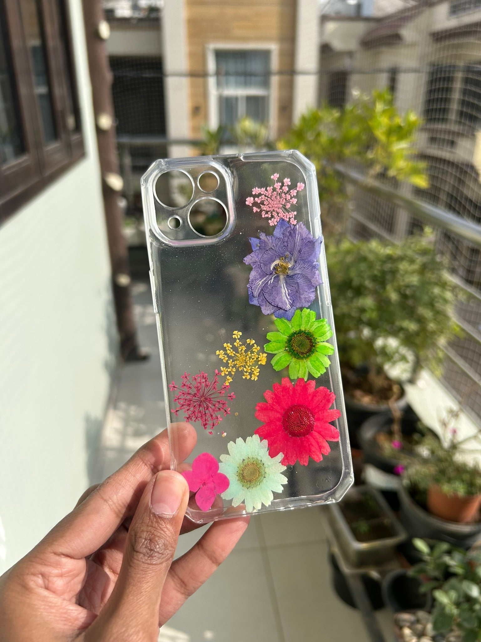 Pressed Flower Phone Case | Purple, Green, Red & White Daisies with Colorful Baby's Breath in Resin | Right Bloom | Case 11