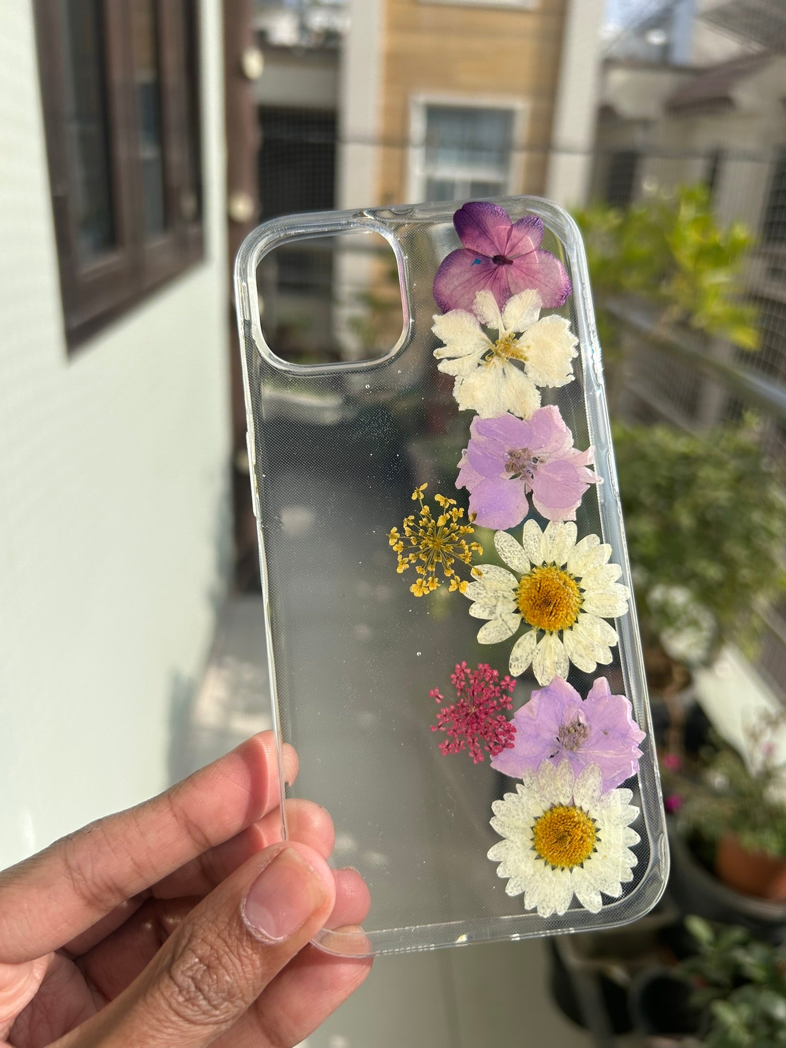 Pressed Flower Phone Case | Purple Pansy, White & Pink Daisies with Yellow Wildflowers in Resin | Straight Bloom | Case 5