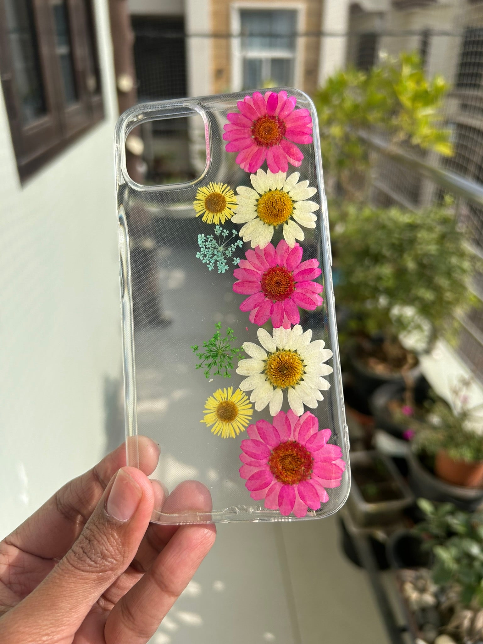 Pressed Flower Phone Case | Hot Pink & White Daisies with Yellow & Teal Baby's Breath in Resin | Straight Bloom | Case 4
