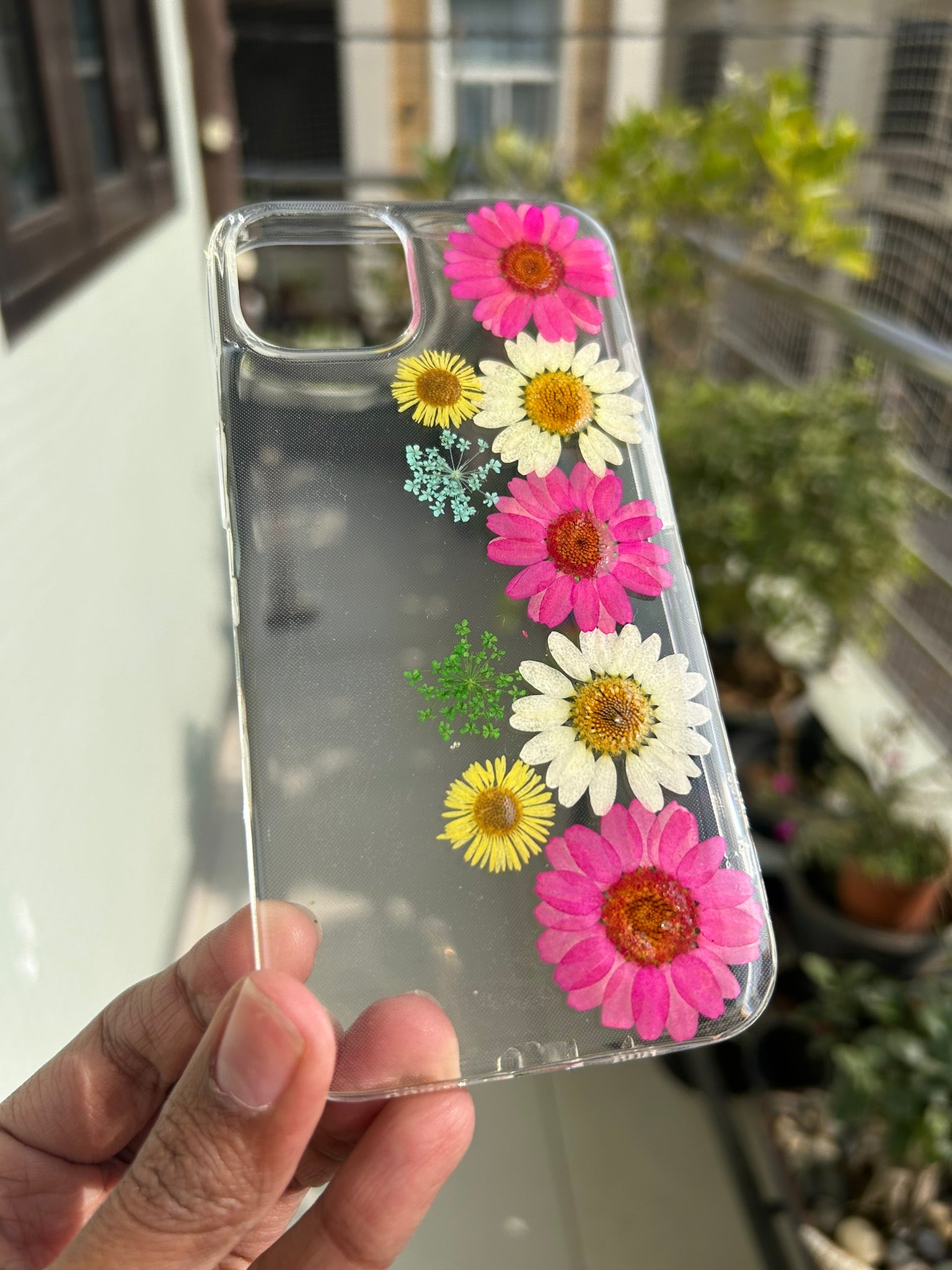 Pressed Flower Phone Case | Hot Pink & White Daisies with Yellow & Teal Baby's Breath in Resin | Straight Bloom | Case 4