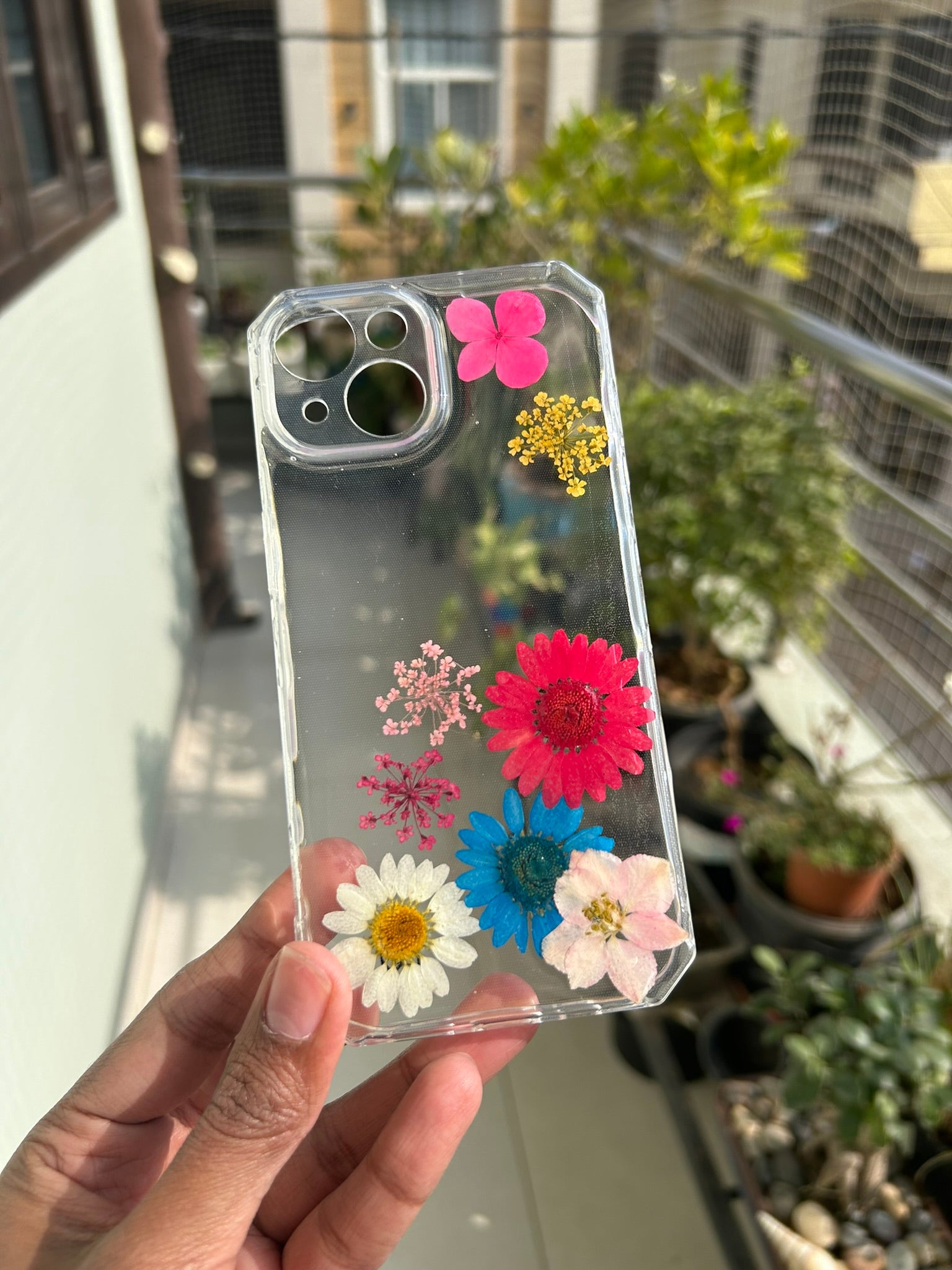 Pressed Flower Phone Case | Red, Teal & White Daisies with Pink Hydrangea & Baby's Breath in Resin | Right Bloom | Case 13