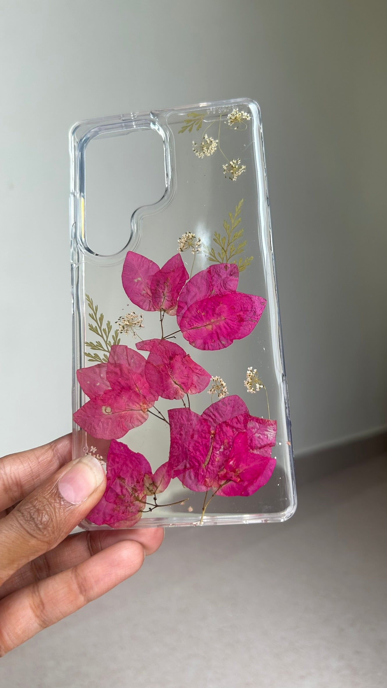 Pressed Flower Phone Case | Magenta Bougainvillea with White Baby's Breath & Golden Ferns in Resin | Right Bloom | Case 23